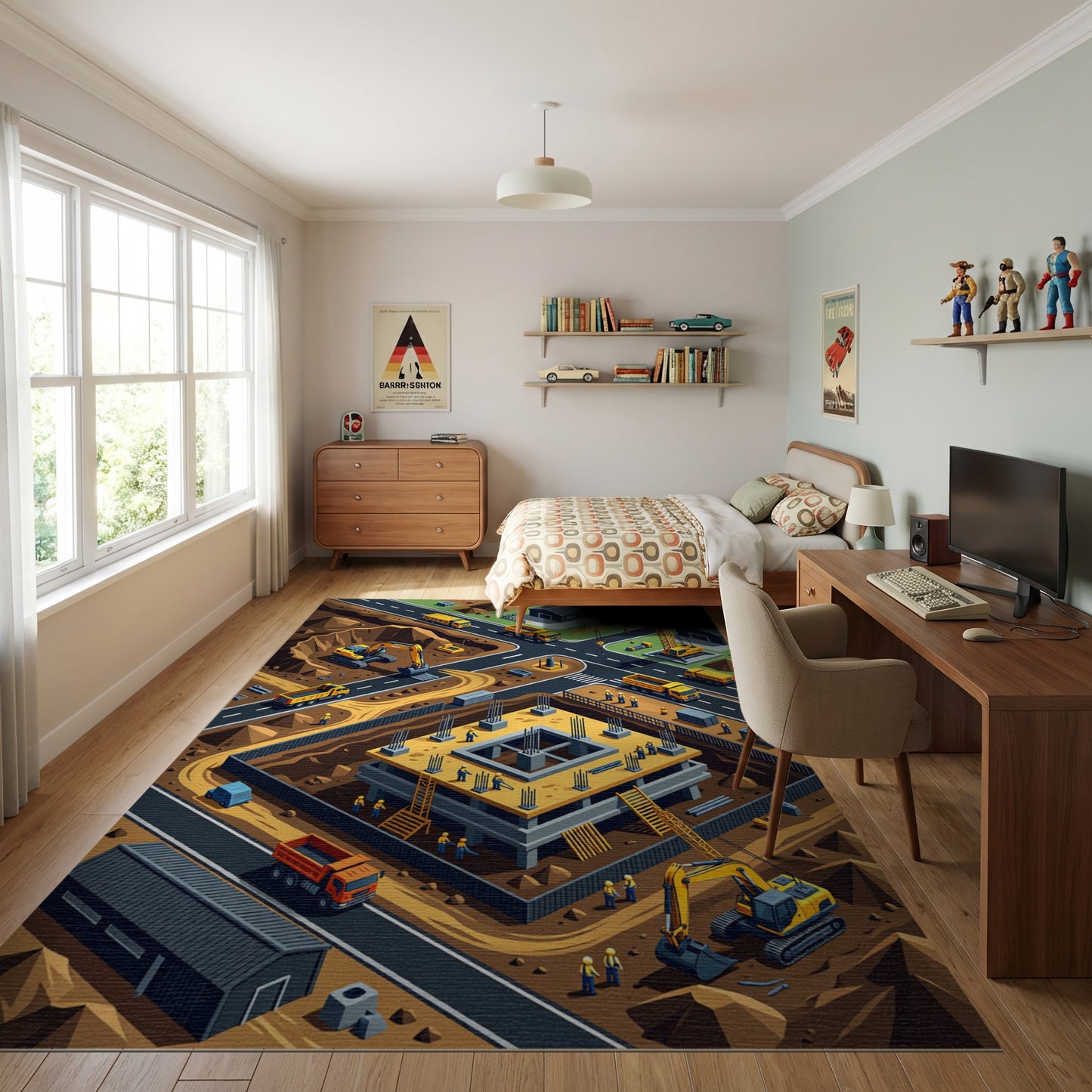 Vibrant Isometric Construction Site Rug