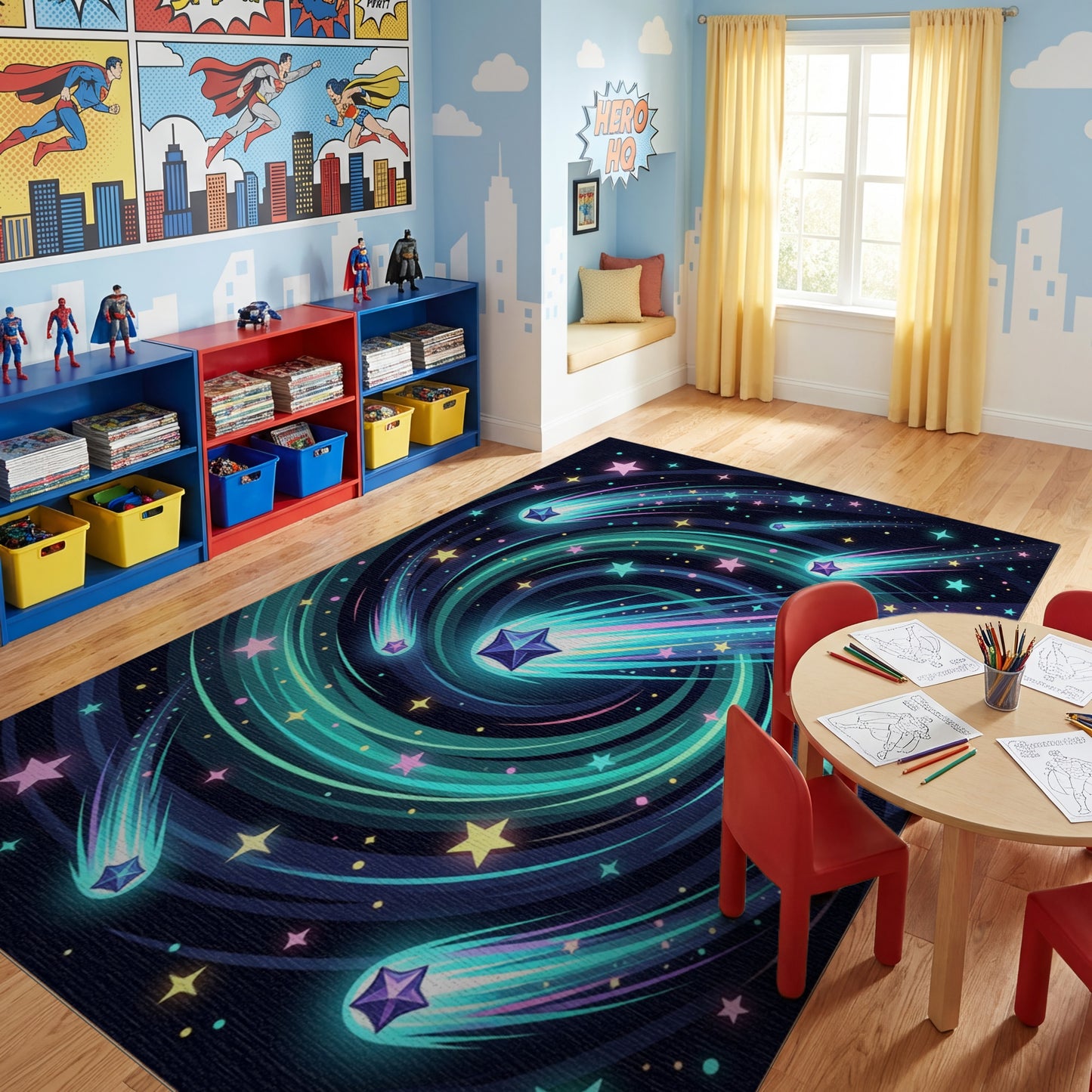 Swirling Neon Shooting Stars Galaxy Rug
