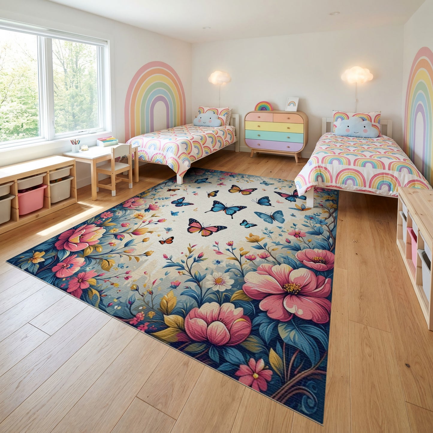 Pink Blue Butterfly Floral Whimsical Rug