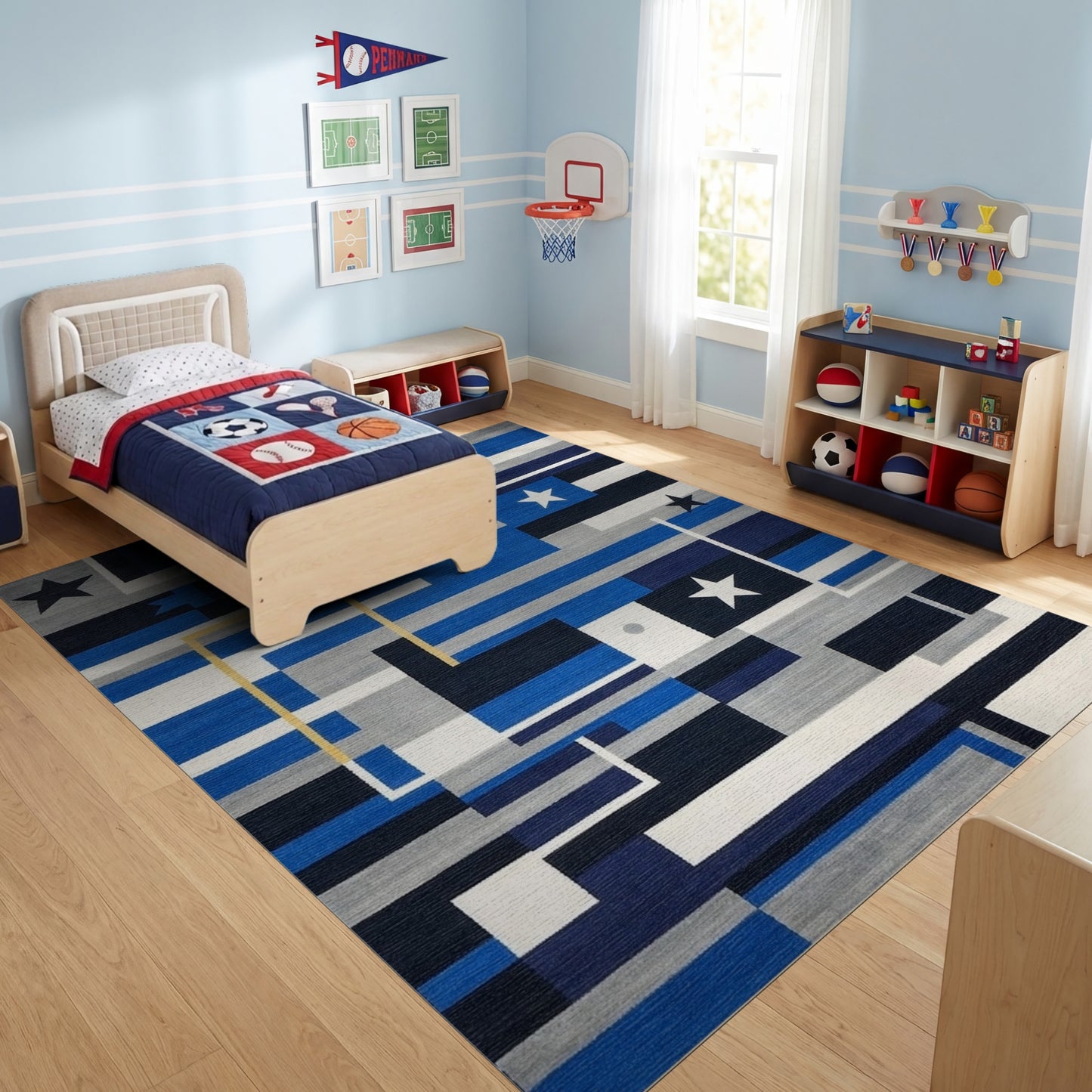 Navy Soccer Ball Star Geometric Rug