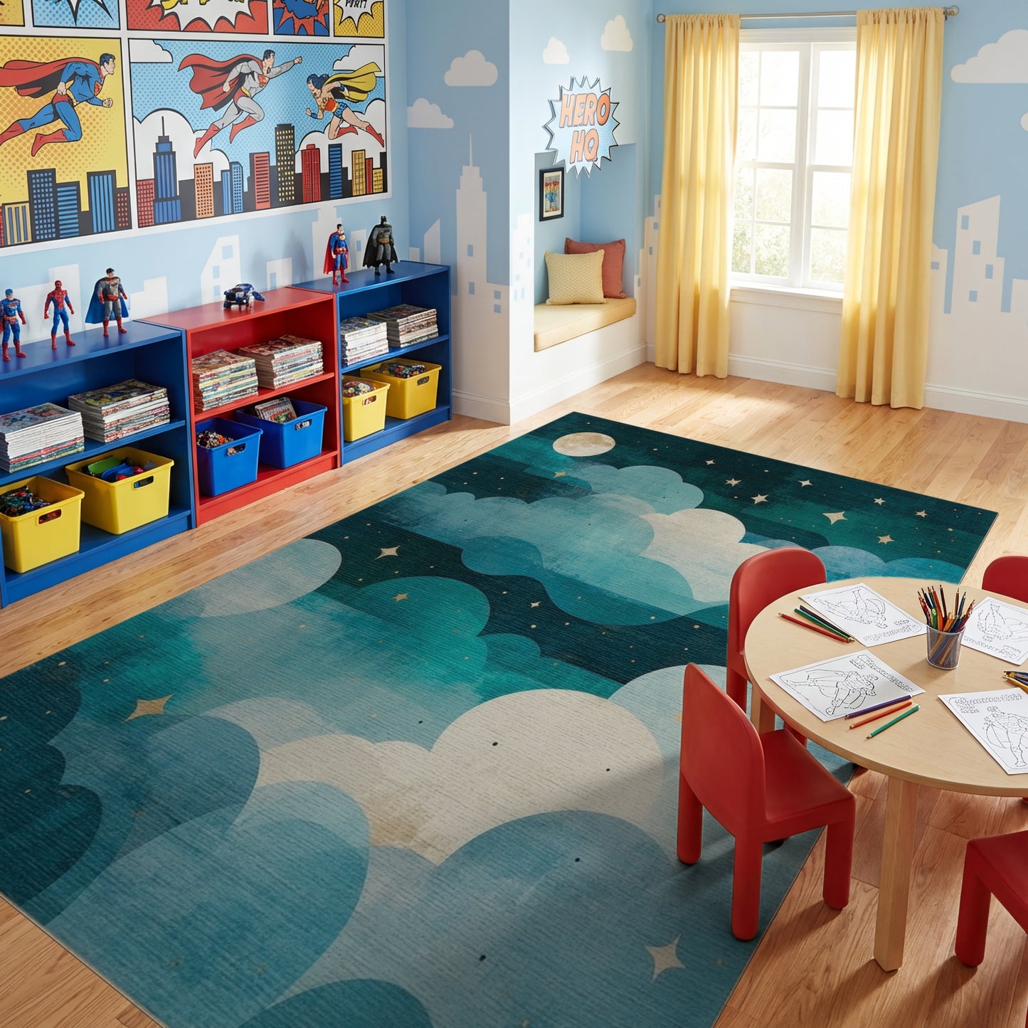 Dreamy Teal Starry Clouds Moon Rug