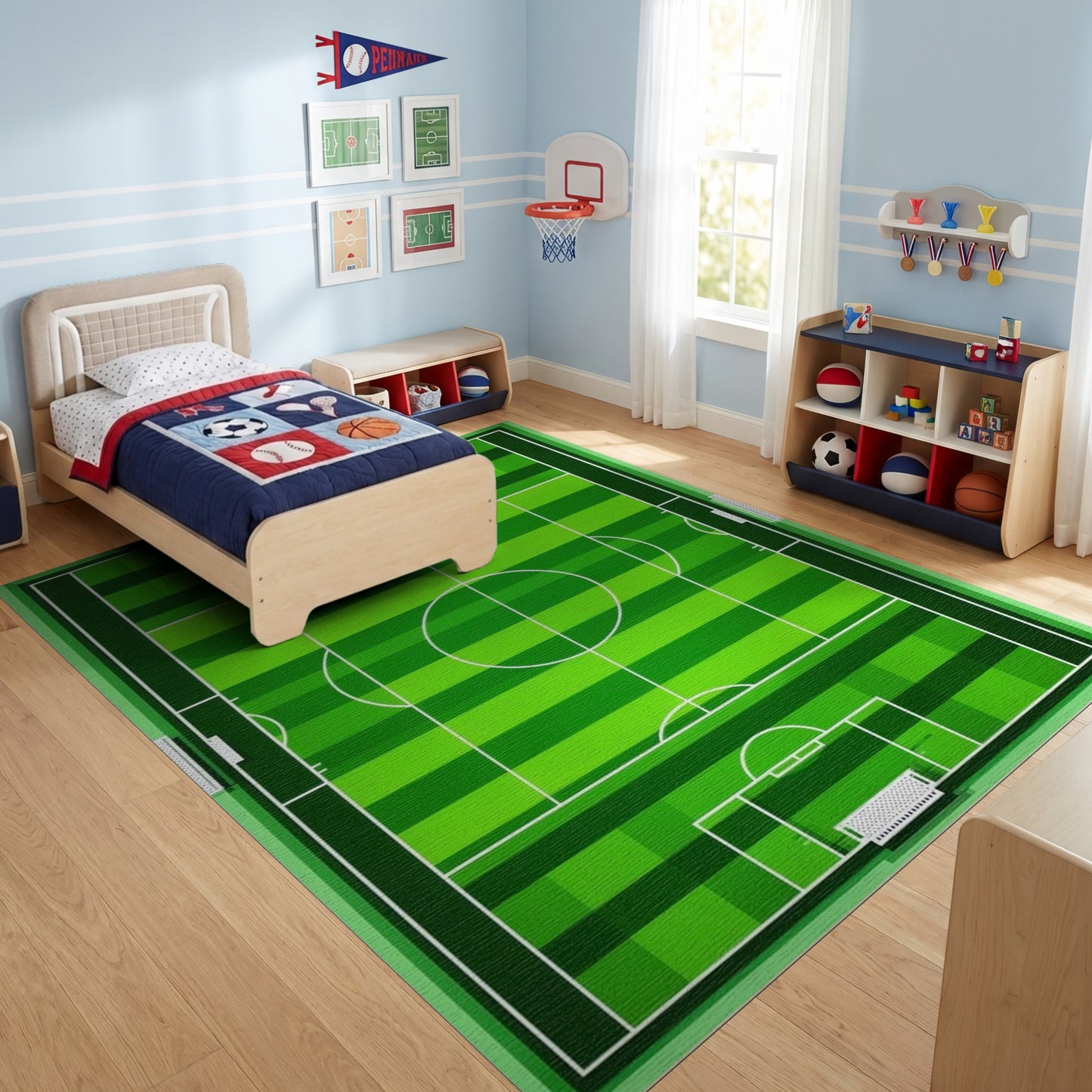 Bold Green Soccer Field Lines Rug