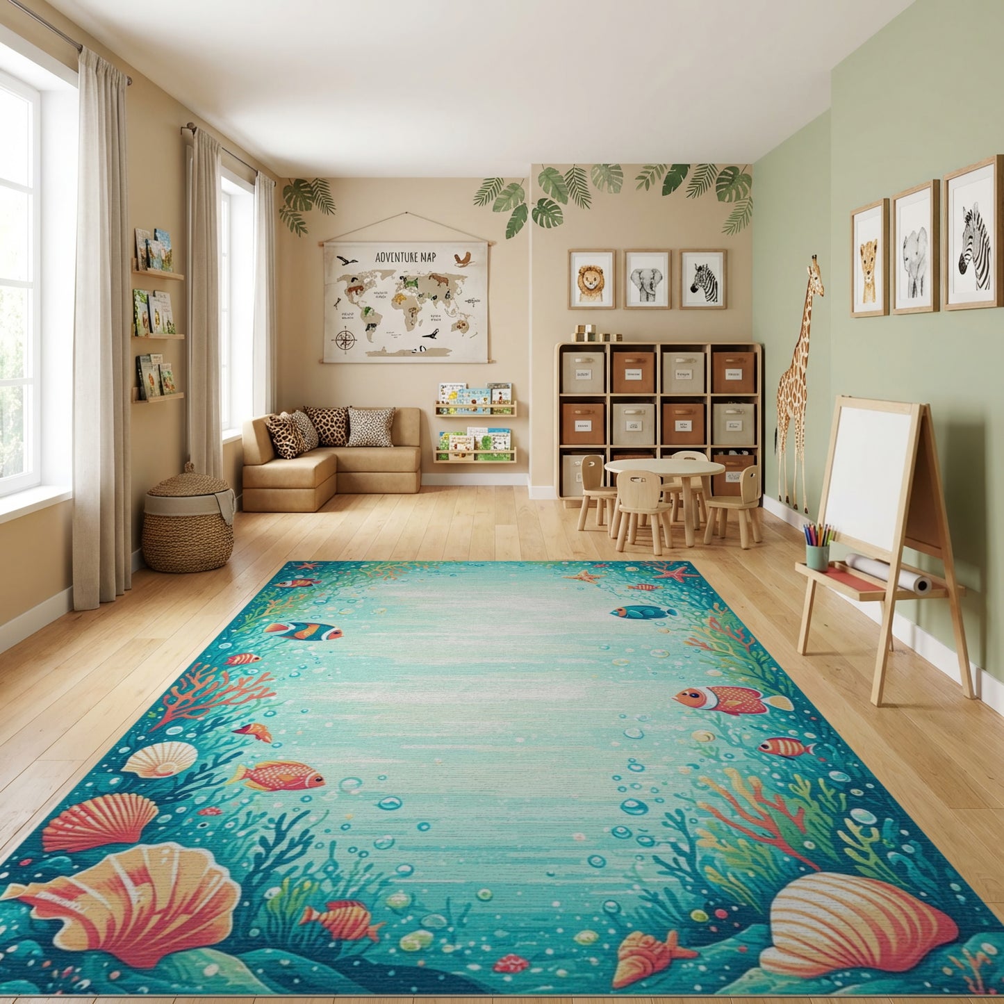 Whimsical Teal Coral Fish Reef Rug