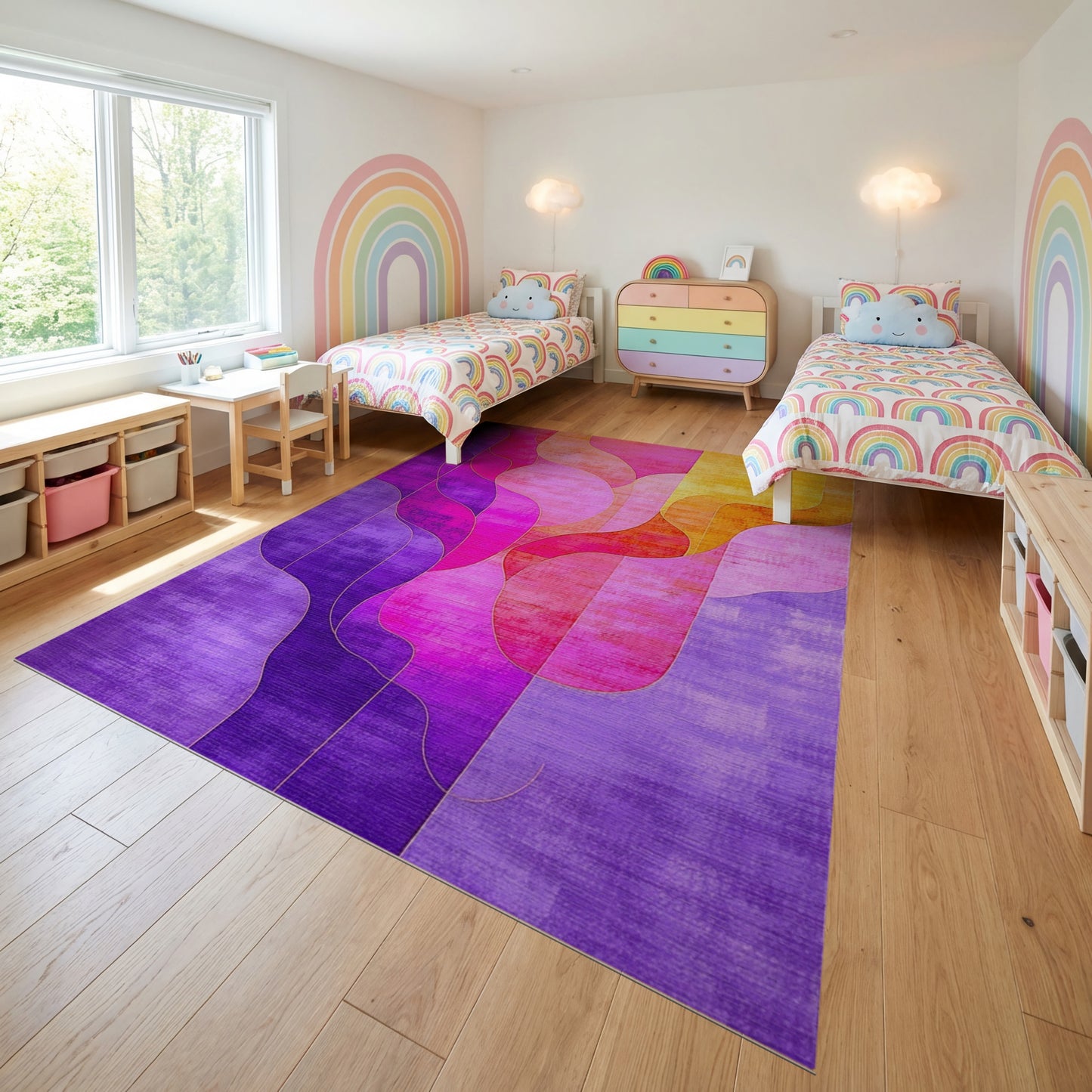 Vibrant Purple Pink Orange Abstract Waves Rug