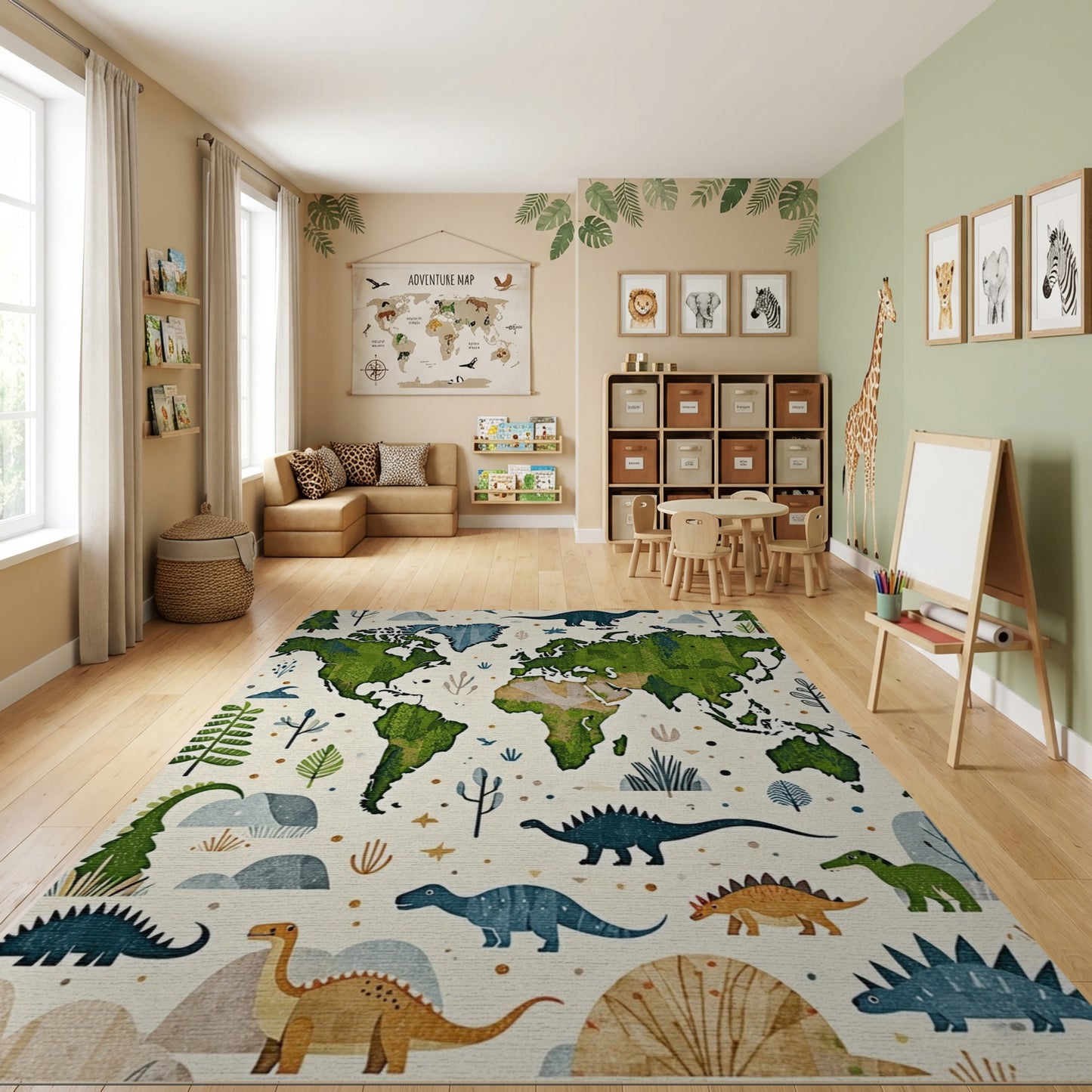 Whimsical Dinosaur World Map Rug