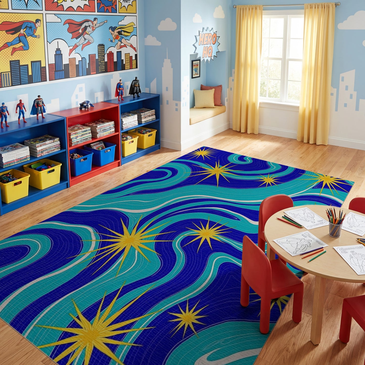 Navy Teal Wavy Yellow Stars Rug