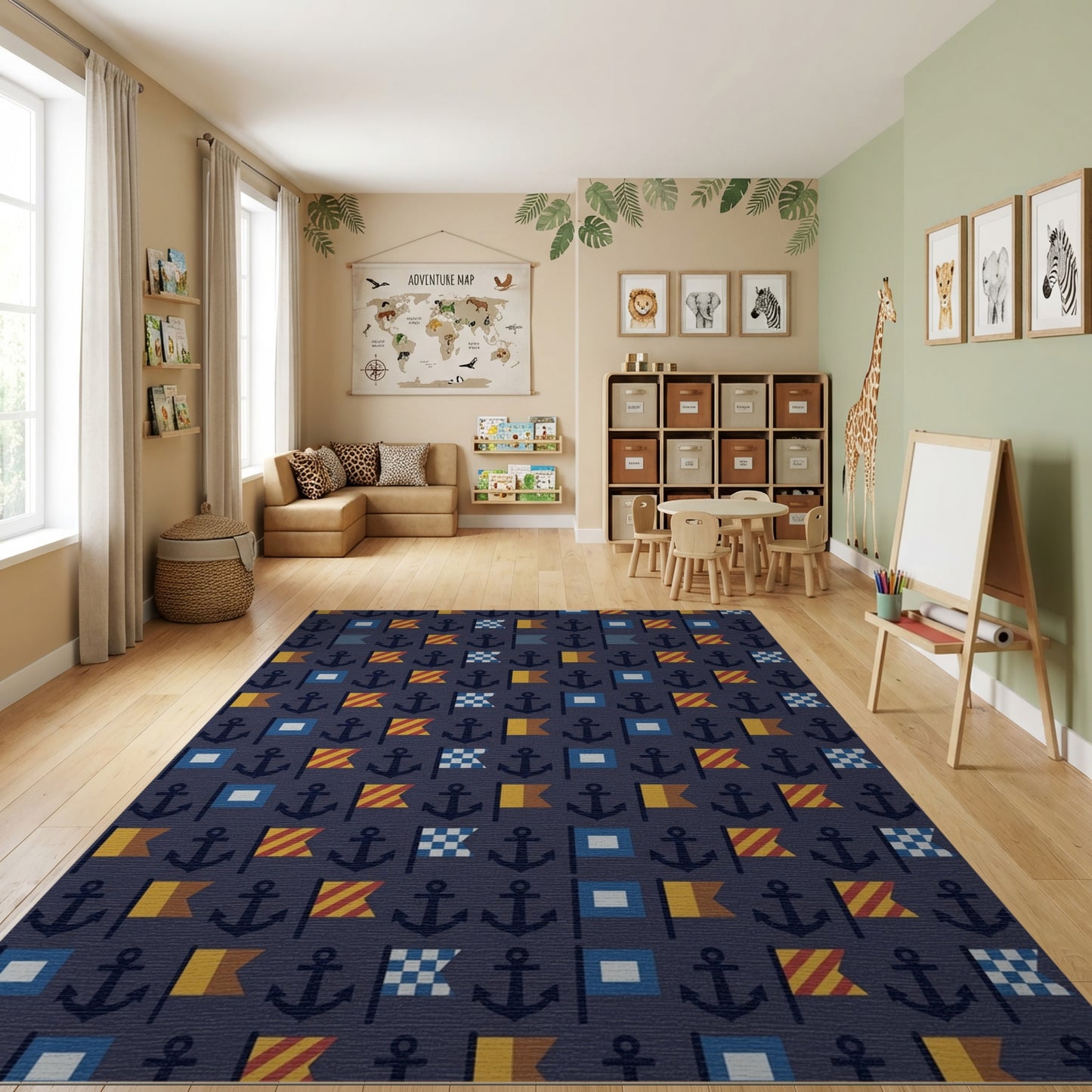 Navy Nautical Anchors Flags Rug