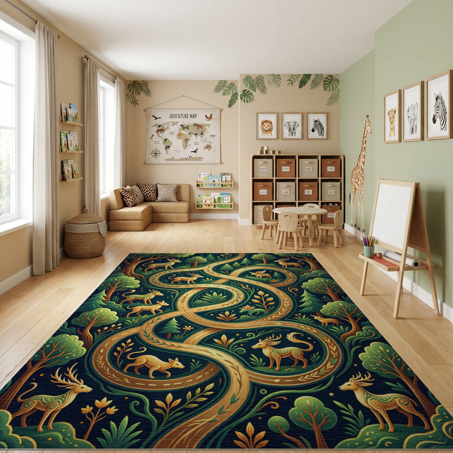 Mystical Forest Deer Golden Winding Path Rug