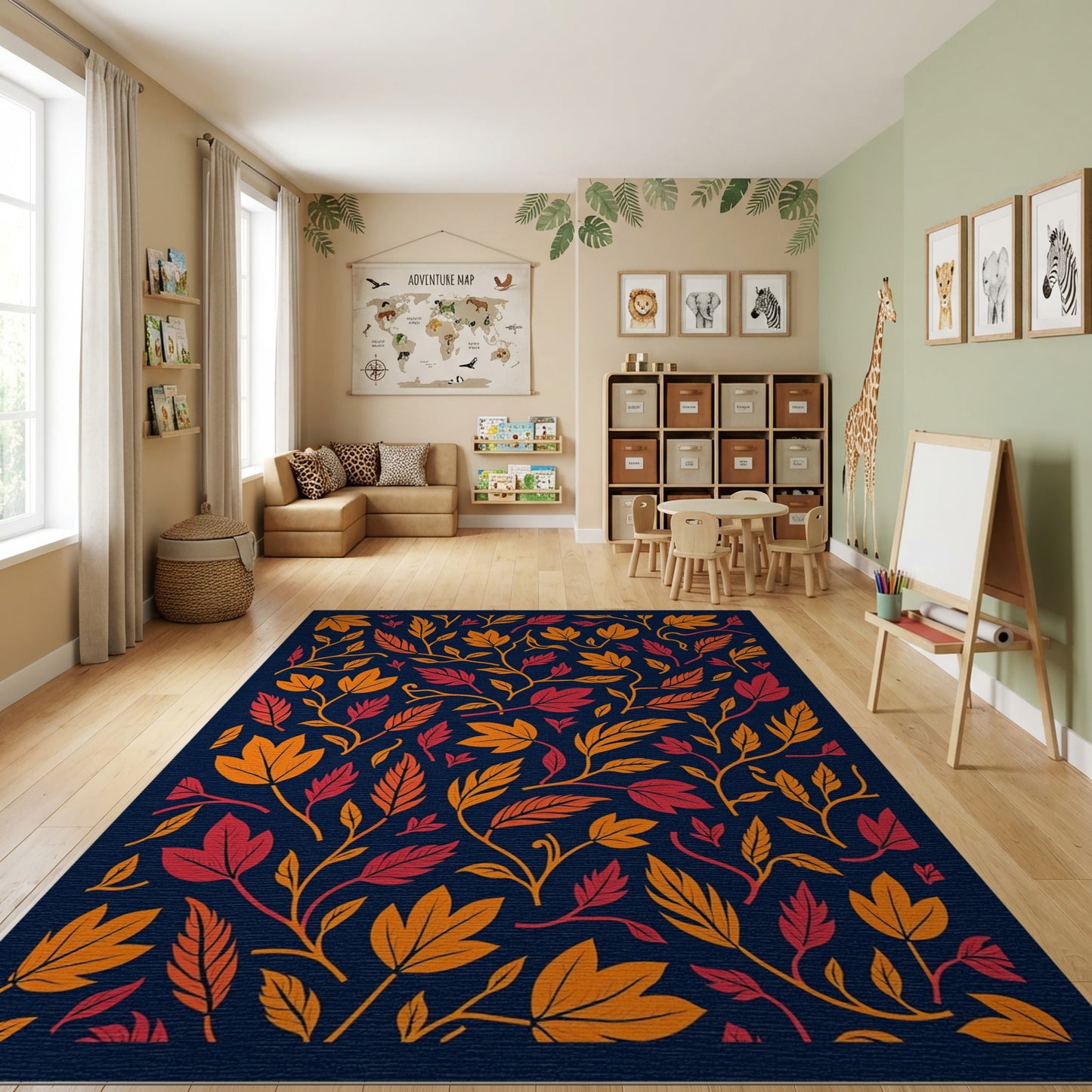 Vibrant Orange Red Leaves Navy Rug