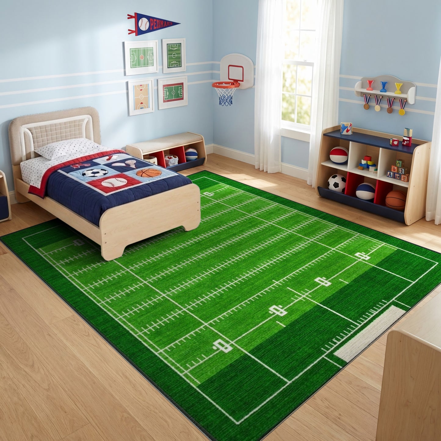Green Football Field Yard Lines Rug