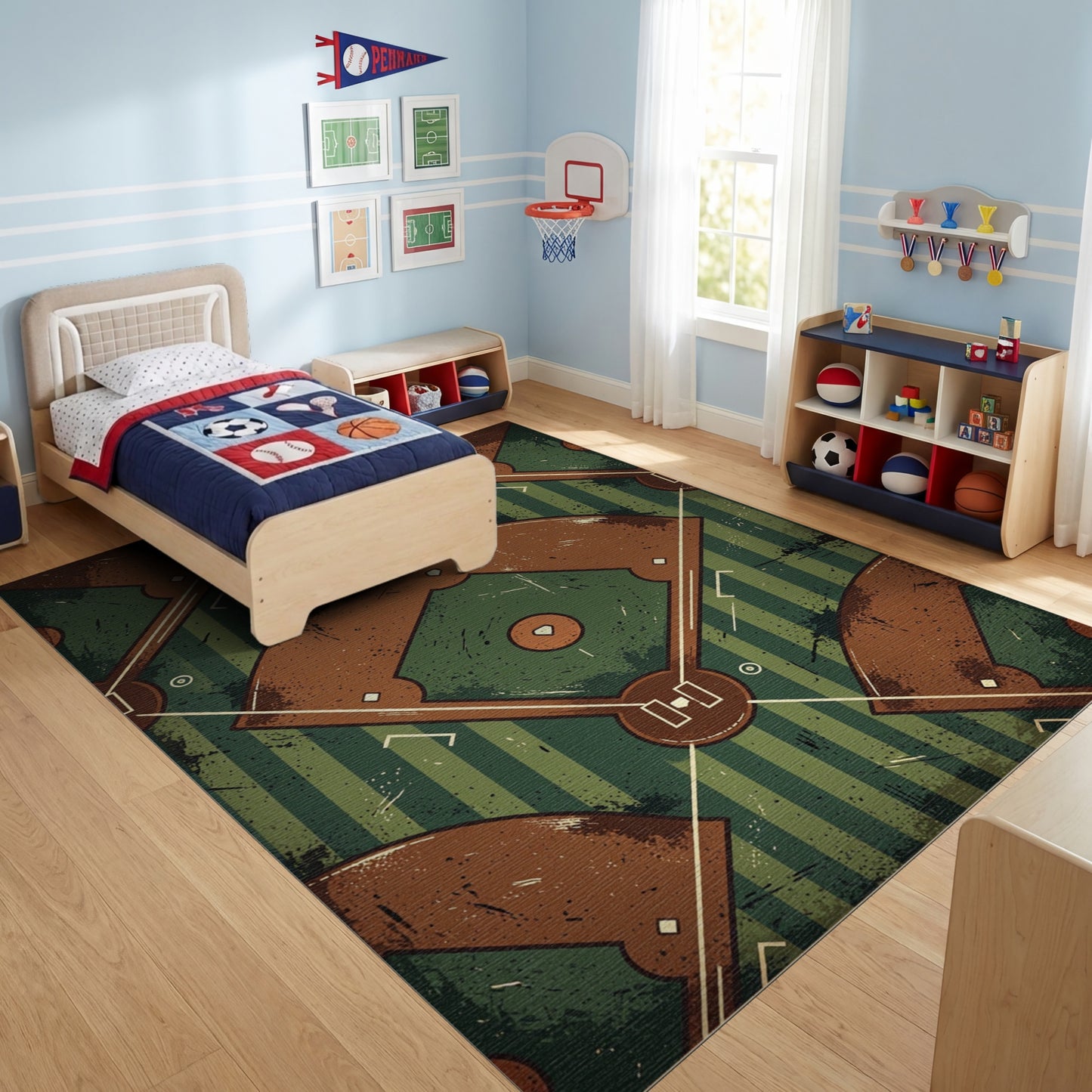 Vintage Distressed Baseball Diamond Pattern Rug