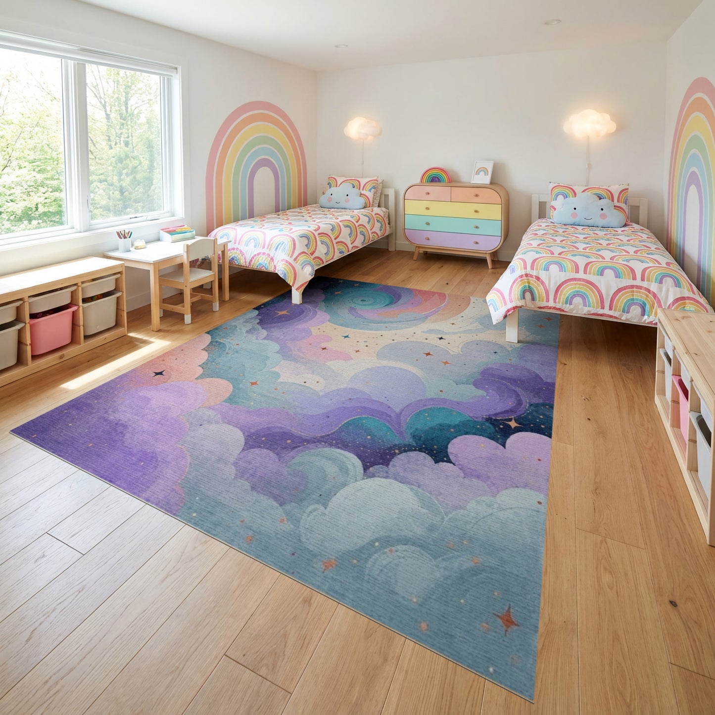 Purple Teal Swirling Stars Clouds Rug