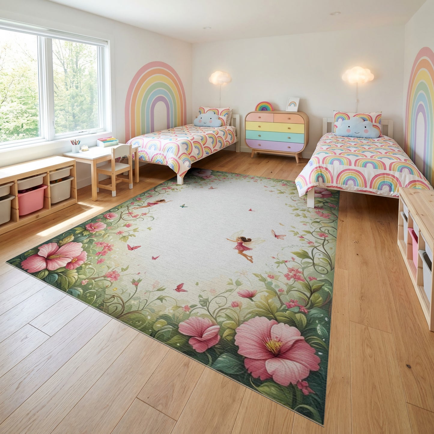 Whimsical Pink Fairy Butterflies Floral Rug
