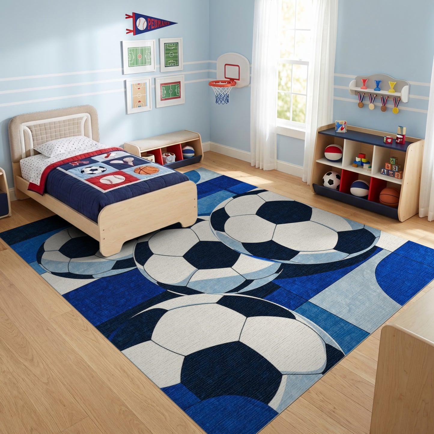 Bold Navy Soccer Balls Rug