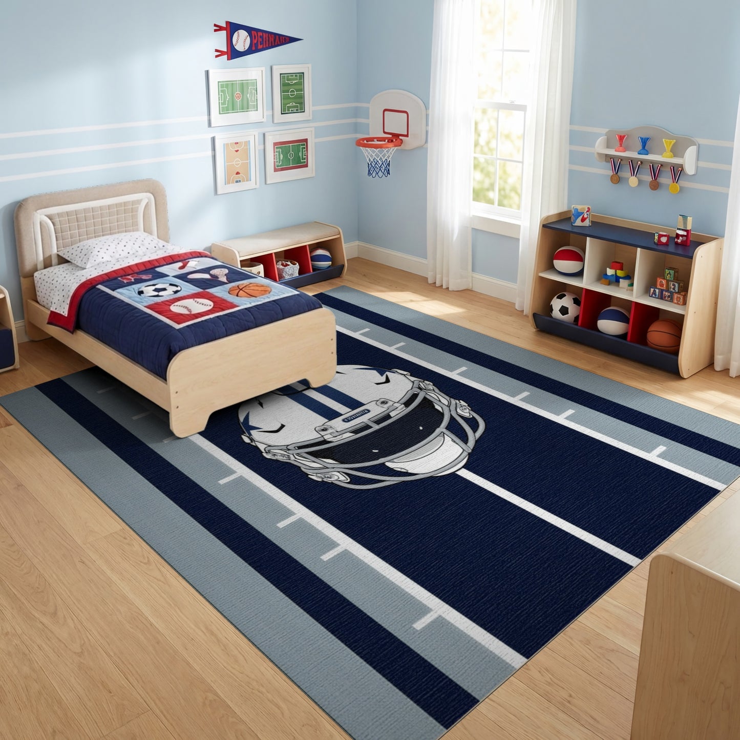 Navy White Striped Football Helmet Rug