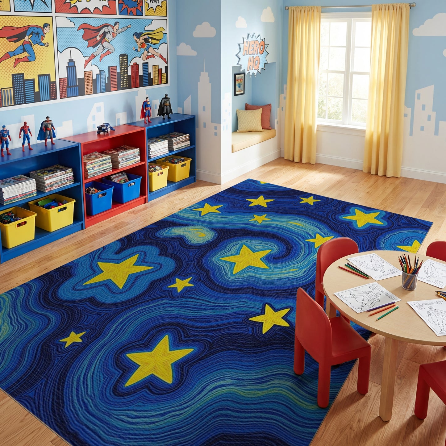Swirling Yellow Stars Deep Blue Rug
