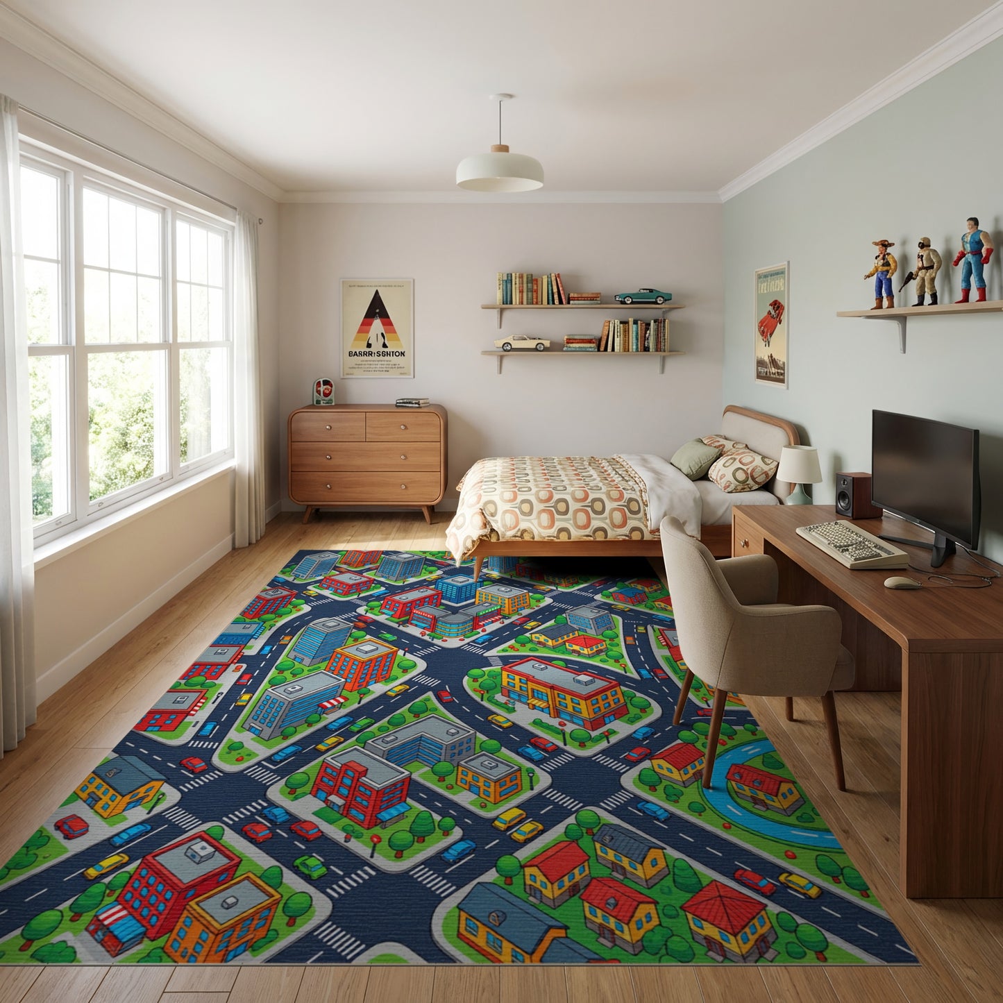Vibrant Isometric Cityscape Pattern Rug
