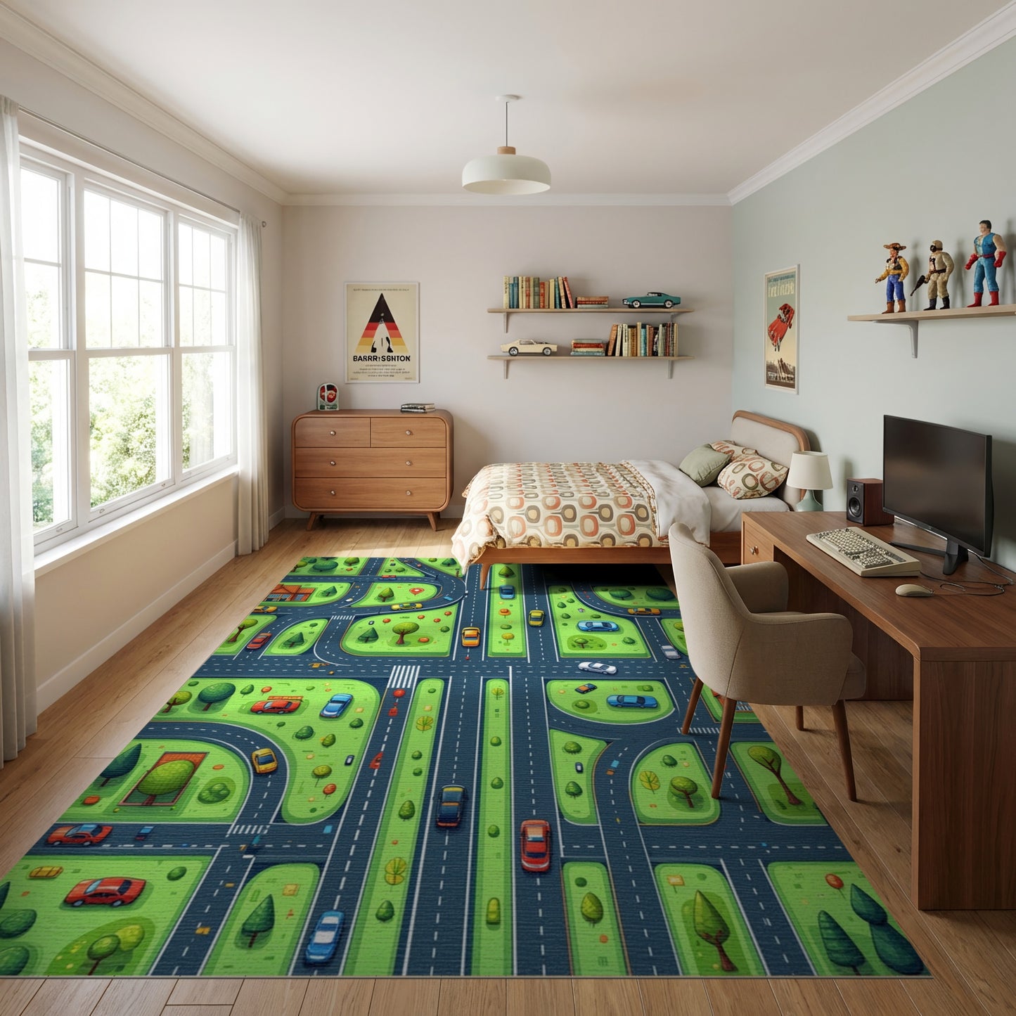 Whimsical Green Streets Cars Trees Rug