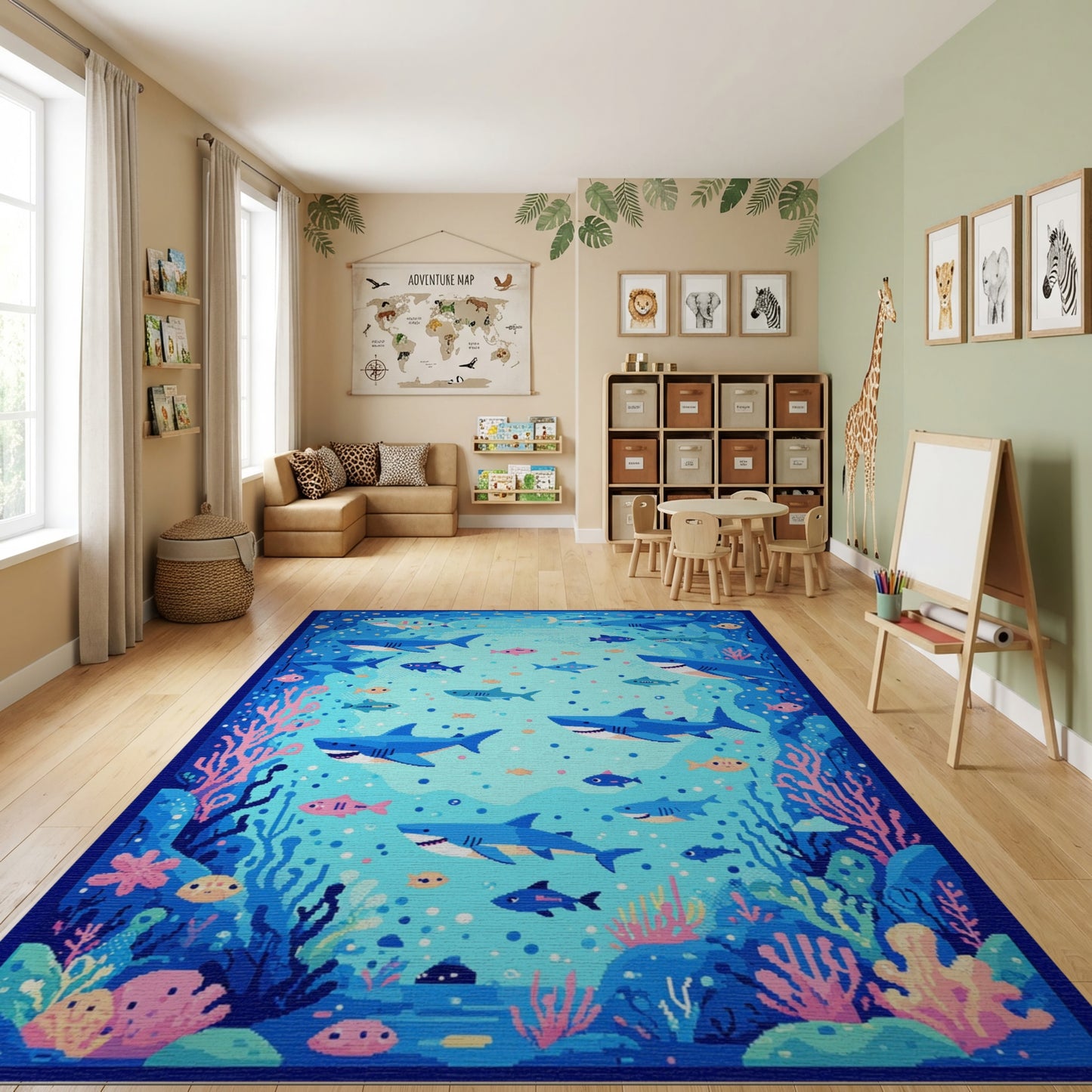 Vibrant Blue Sharks Coral Fish Rug