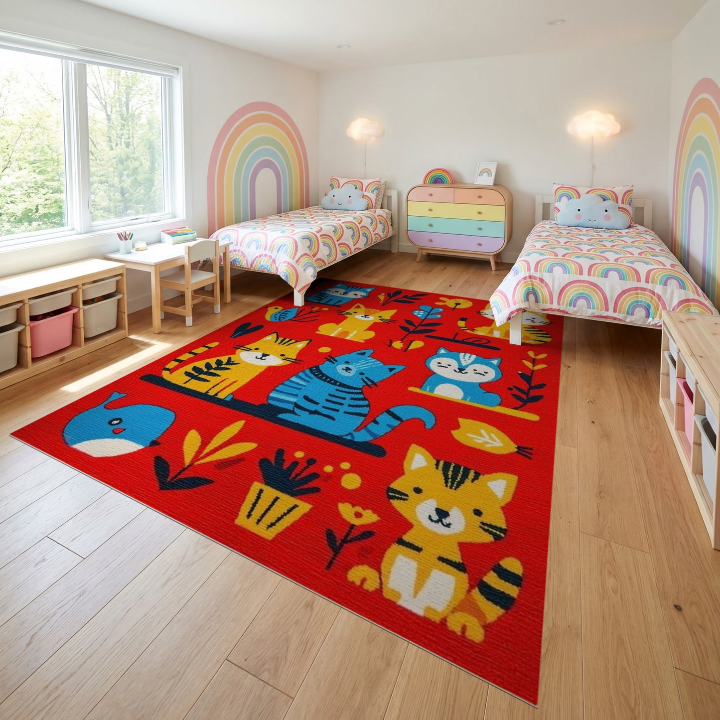 Whimsical Colorful Cats Botanical Rug