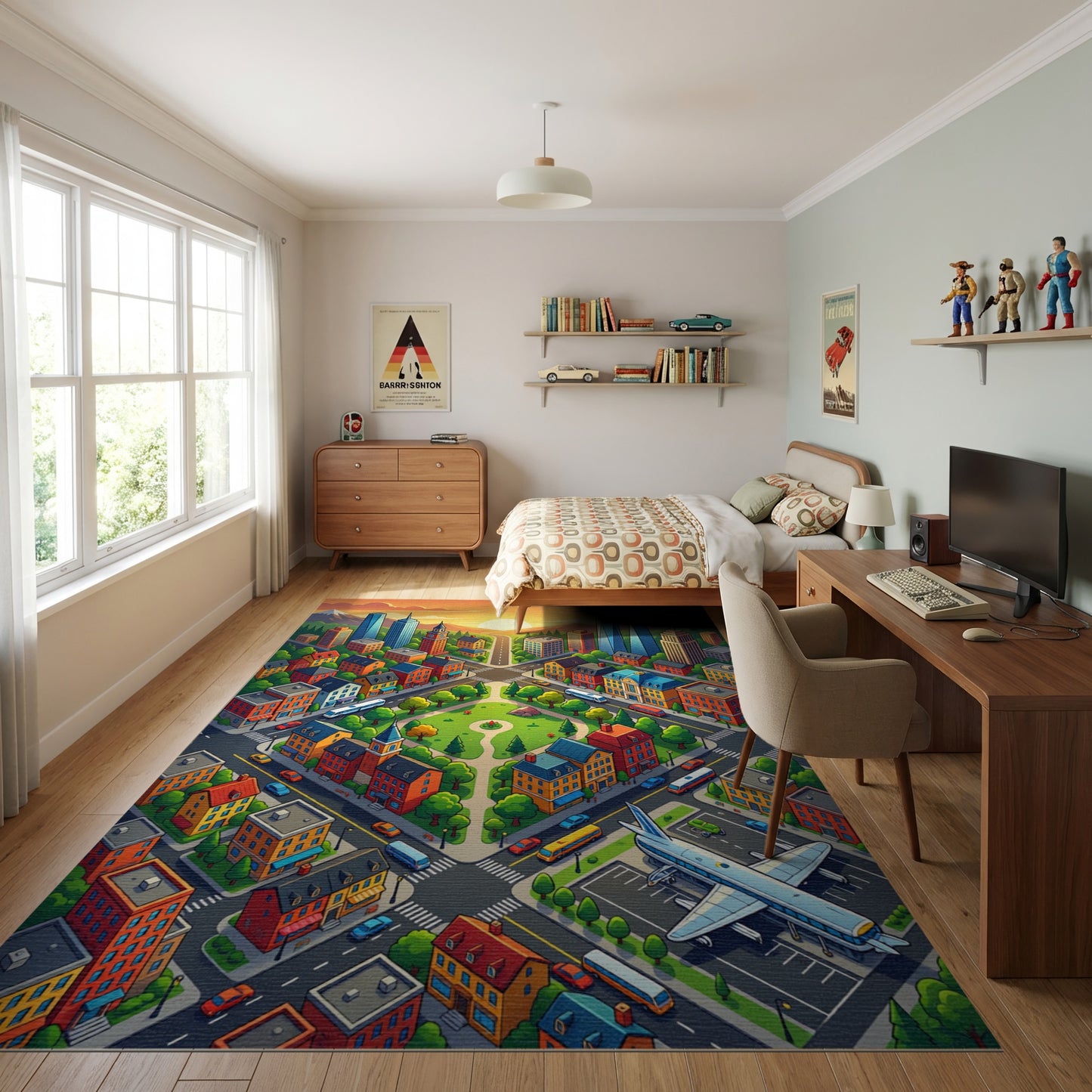 Vibrant Sunset Cityscape Warm Tones Rug