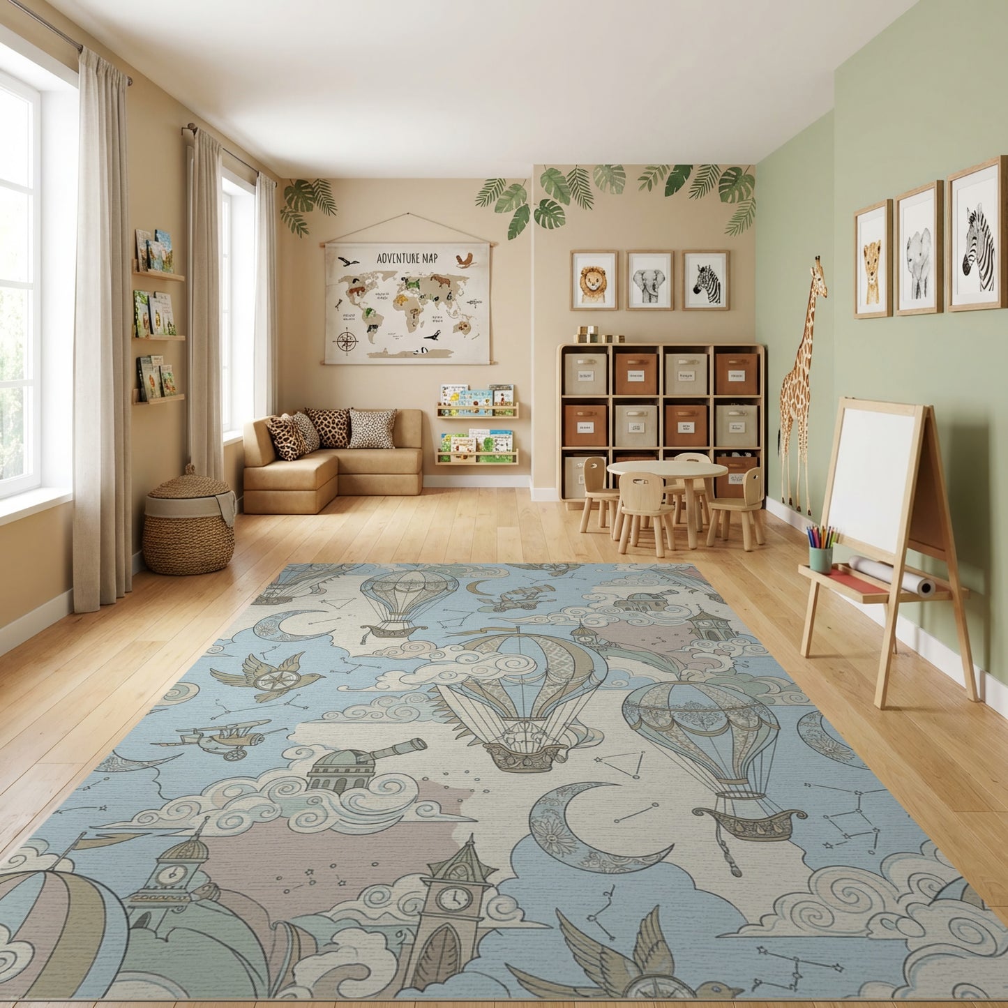 Whimsical Hot Air Balloons Celestial Clouds Rug