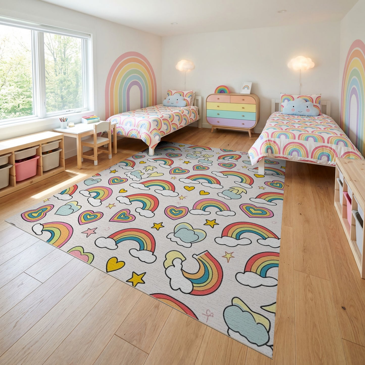 Whimsical Rainbow Hearts Stars Clouds Rug
