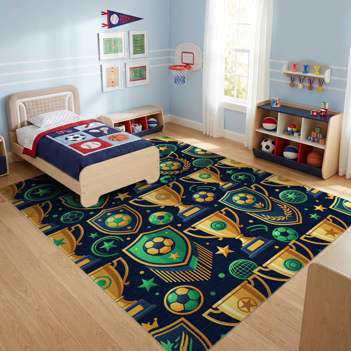 Vibrant Golden Soccer Victory Trophies Rug