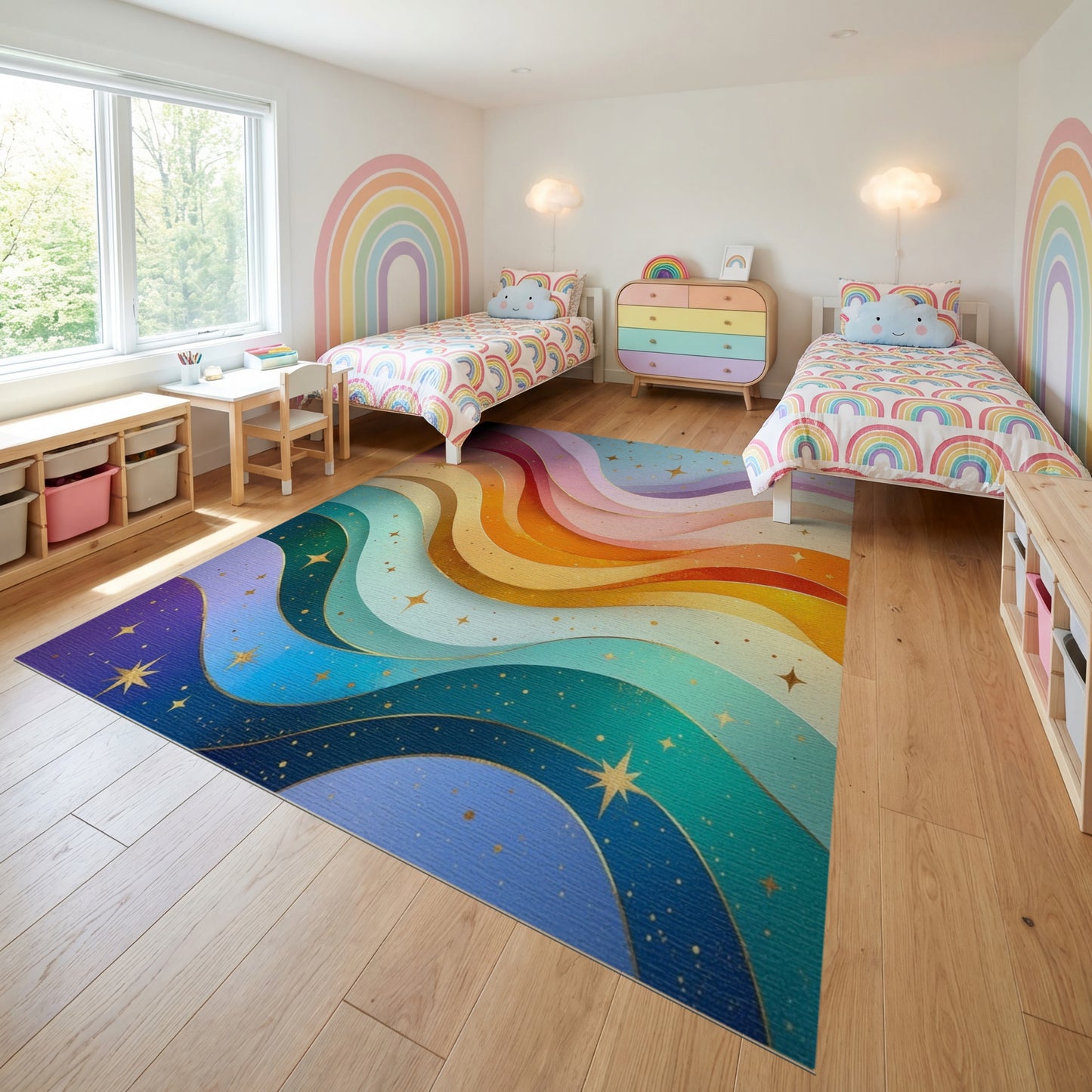 Vibrant Wavy Rainbow Stars Rug
