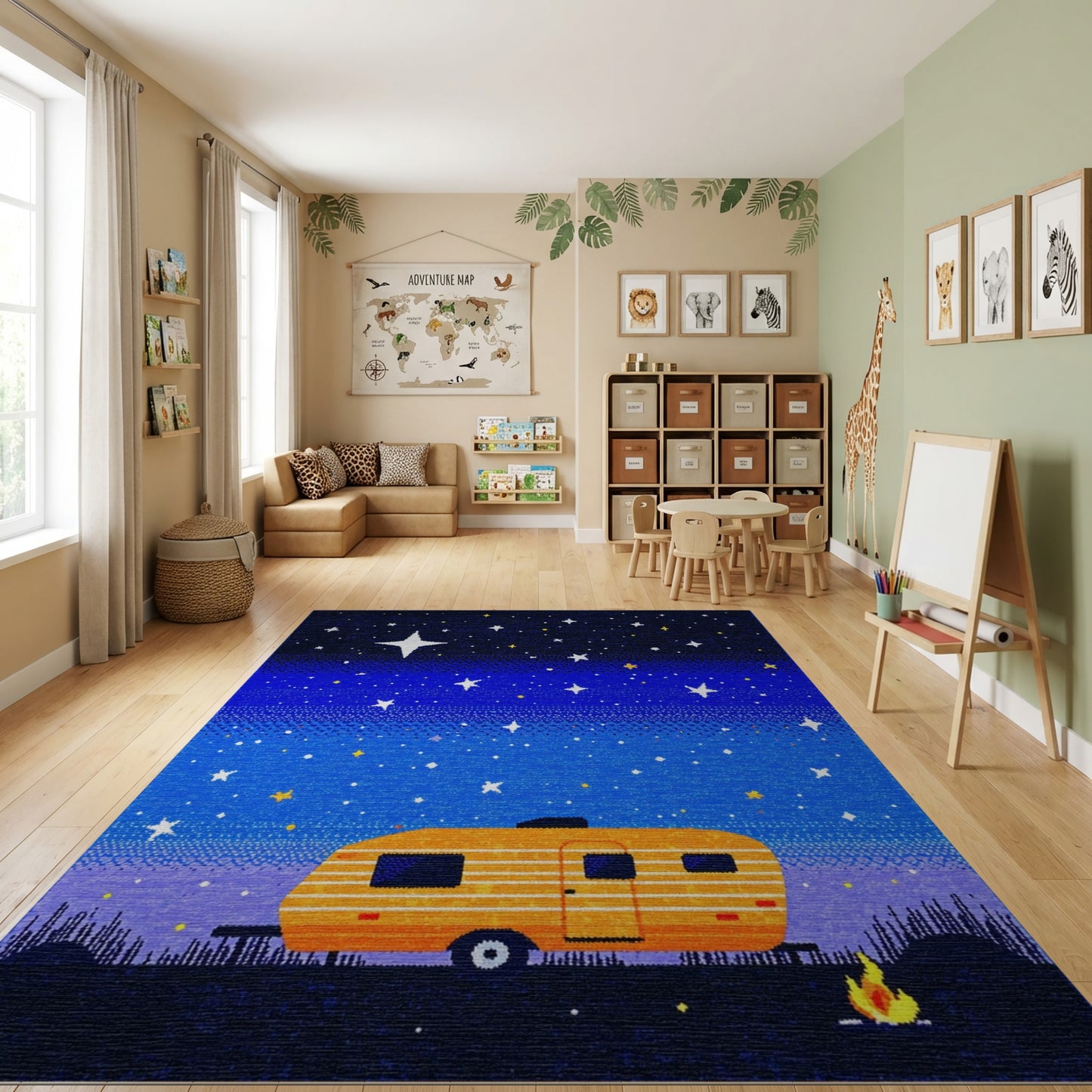 Orange Camper Starry Night Campfire Rug