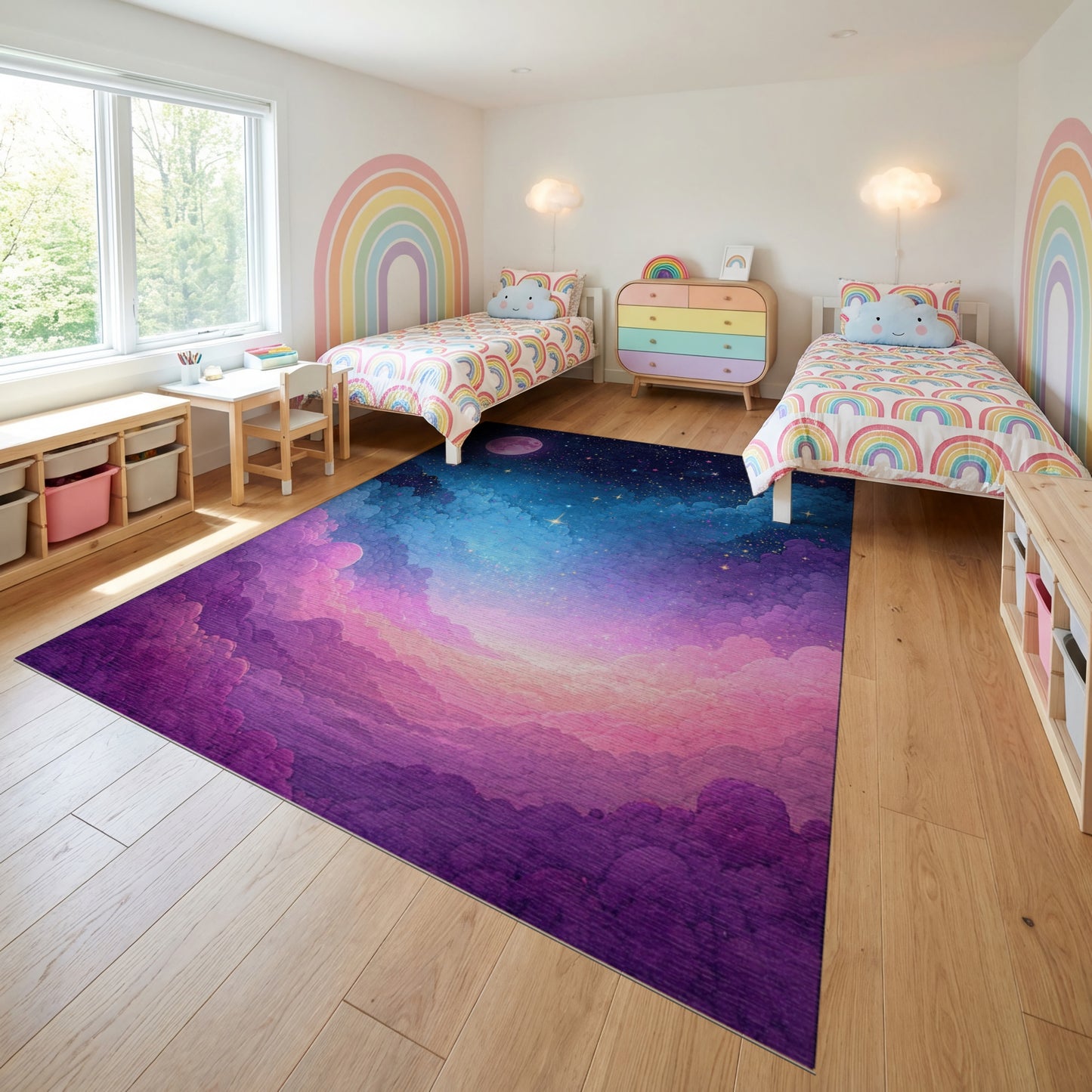Dreamy Pink Moon Starry Clouds Rug