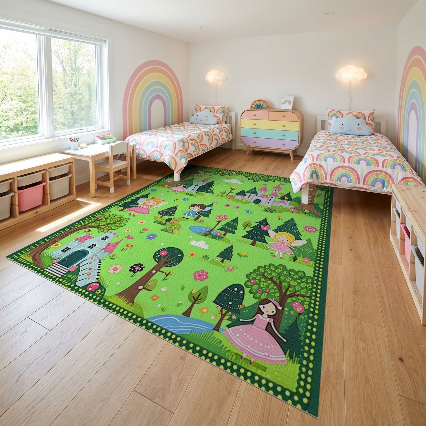 Whimsical Green Fairy Castle Forest Rug