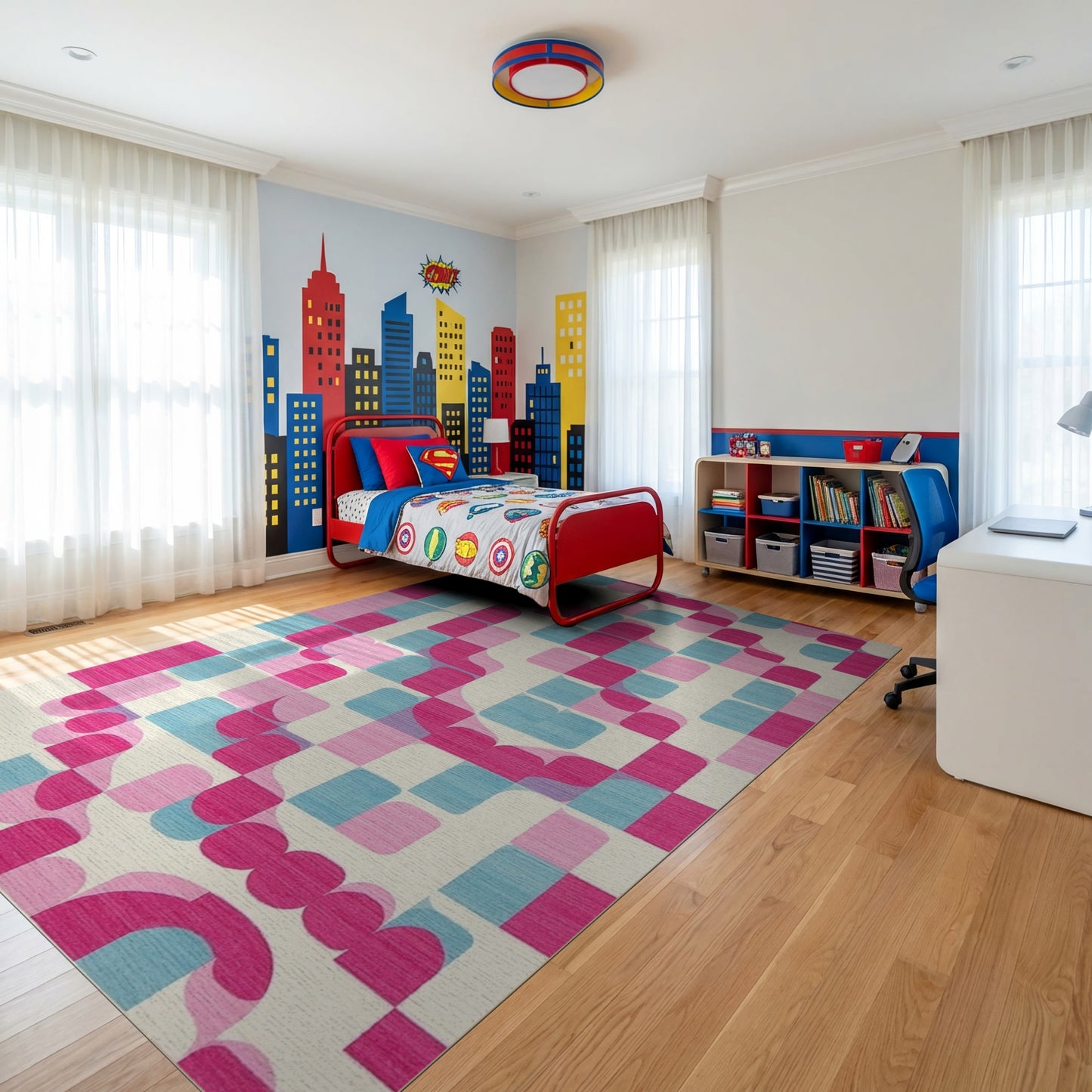 Vibrant Pink Teal Curved Geometric Rug