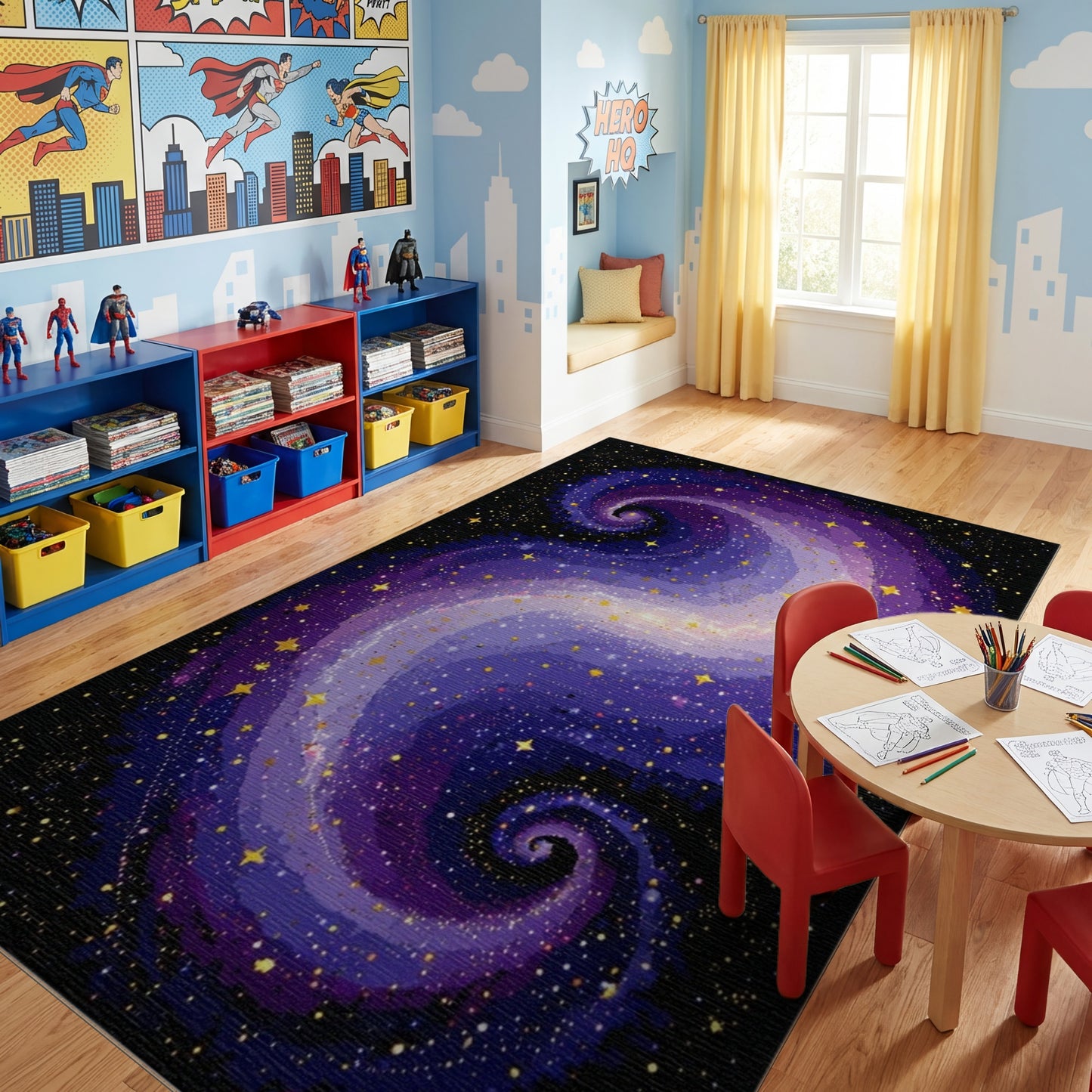 Cosmic Purple Gold Swirling Stars Rug