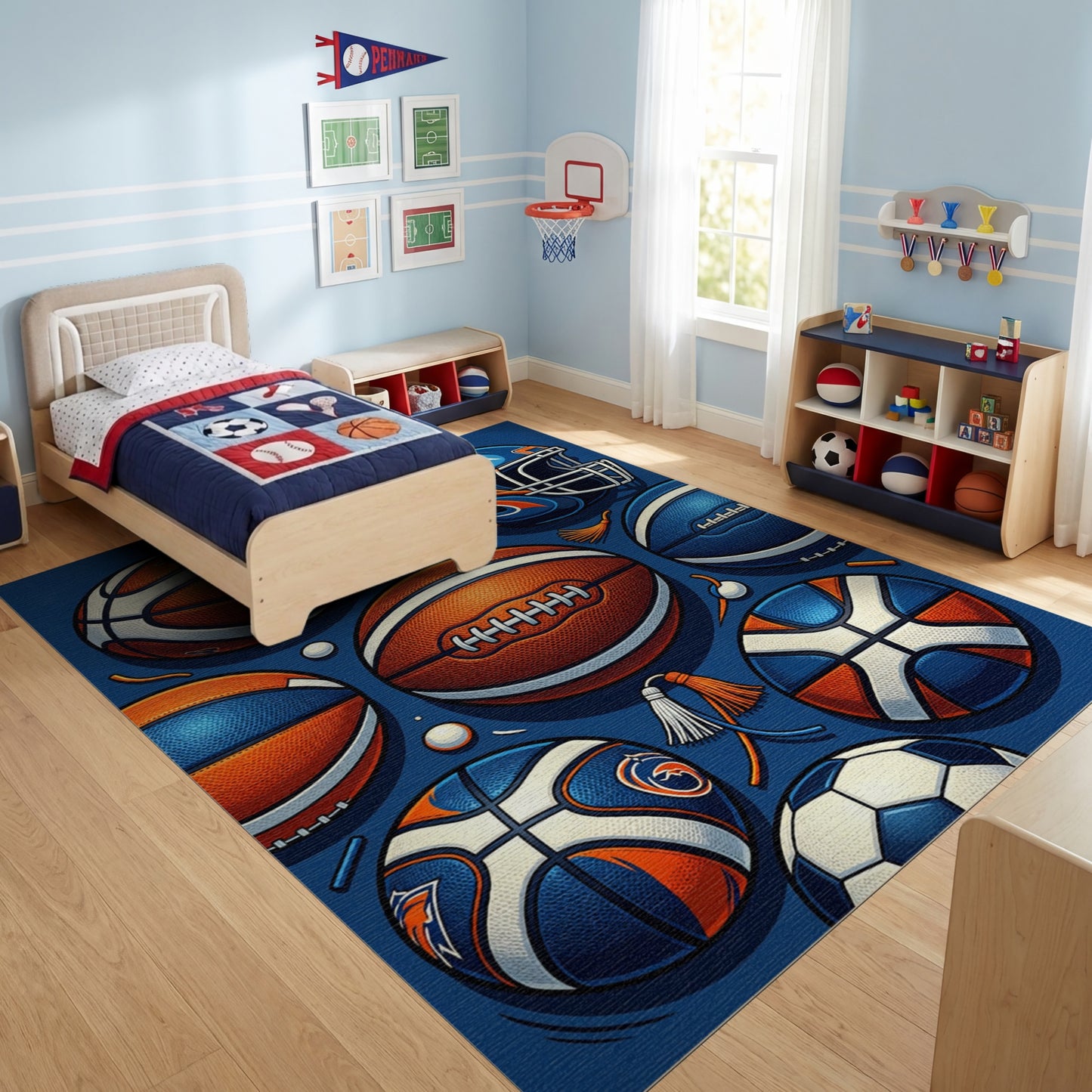 Navy Orange Basketball Football Helmet Rug