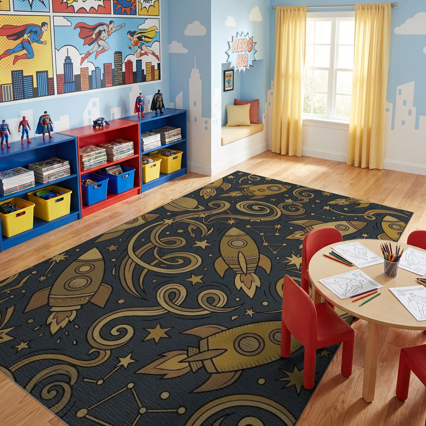 Cosmic Golden Rockets Swirling Stars Rug