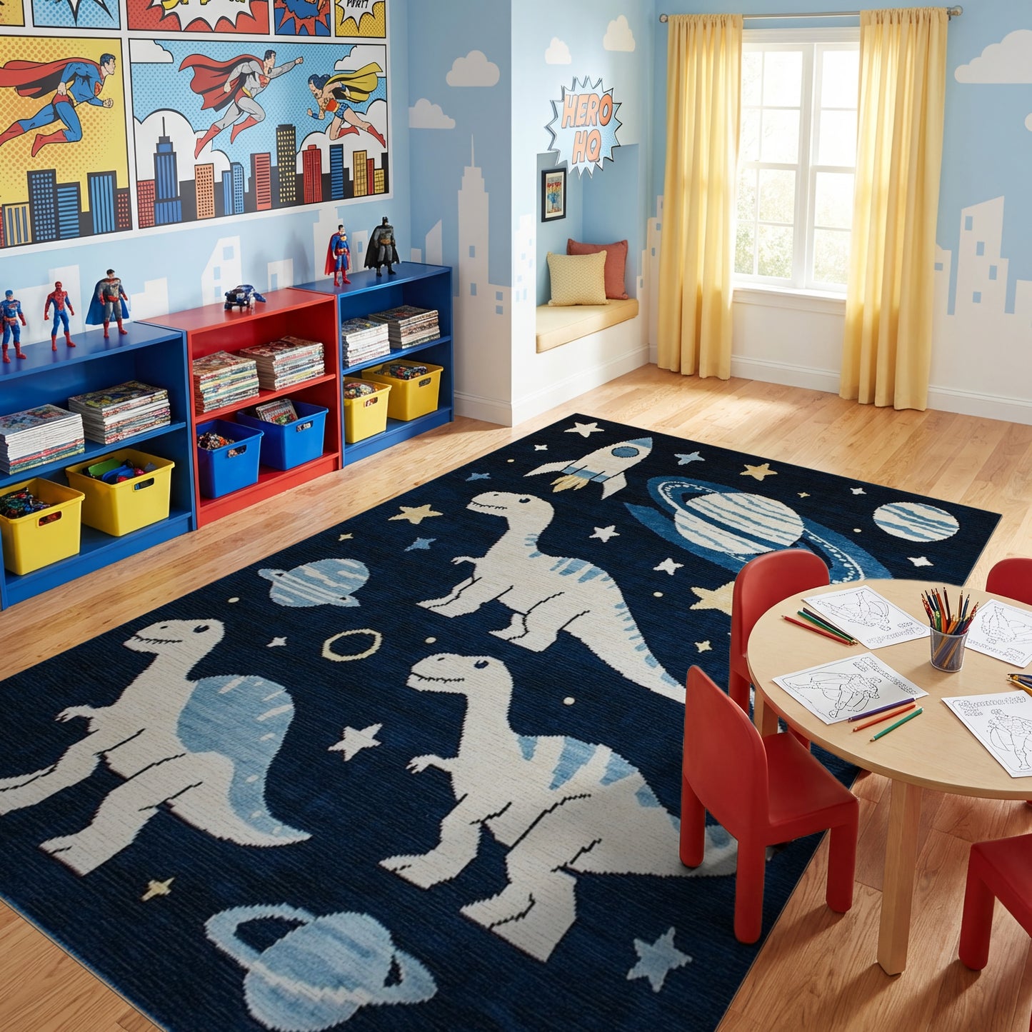 Whimsical Dino Rocket Planet Stars Rug