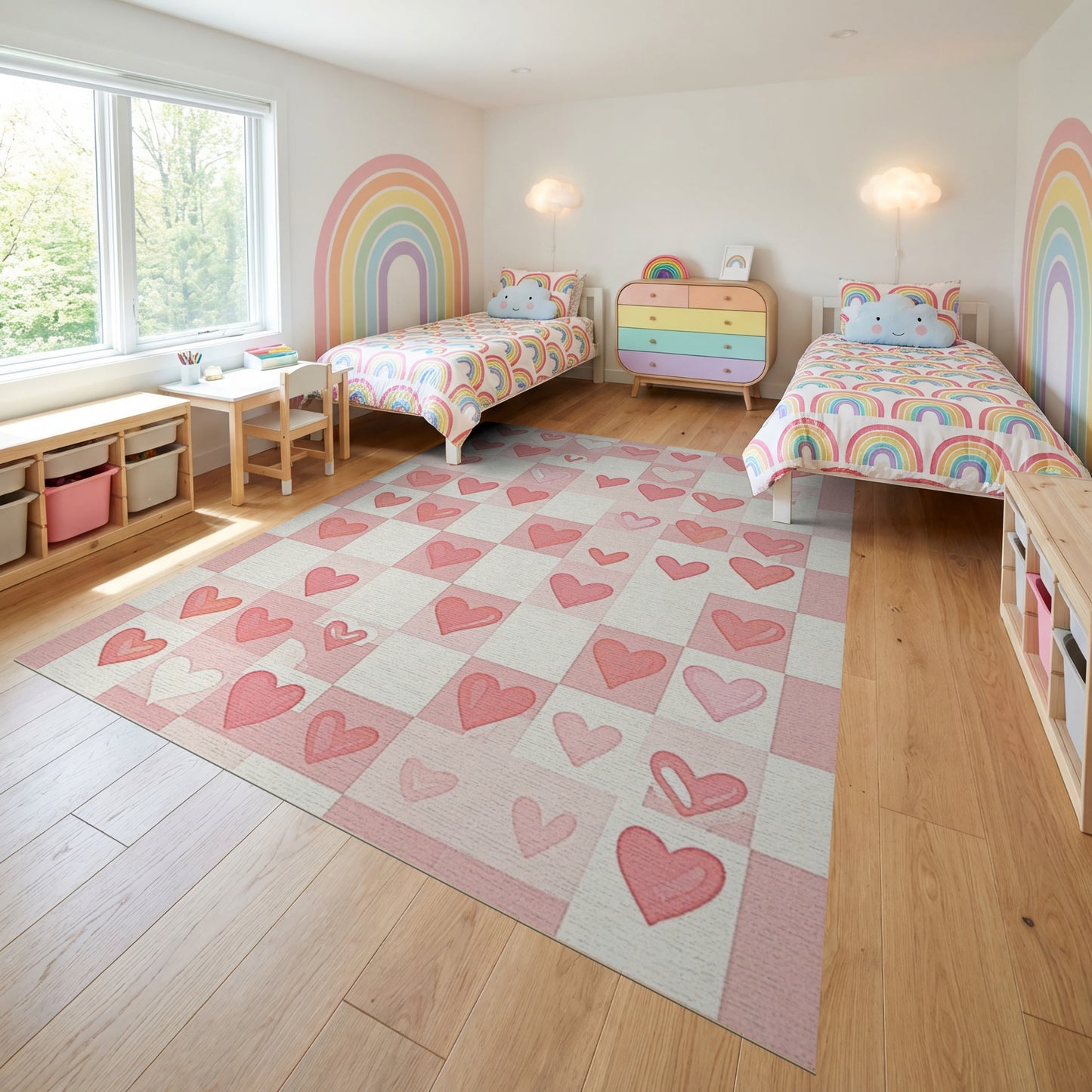Whimsical Pink White Checkered Hearts Rug