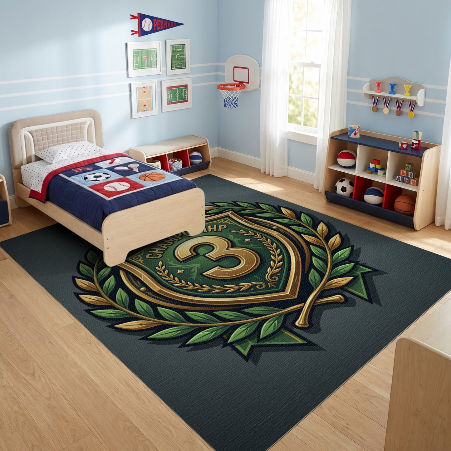 Ornate Green Gold Champion 3 Shield Rug