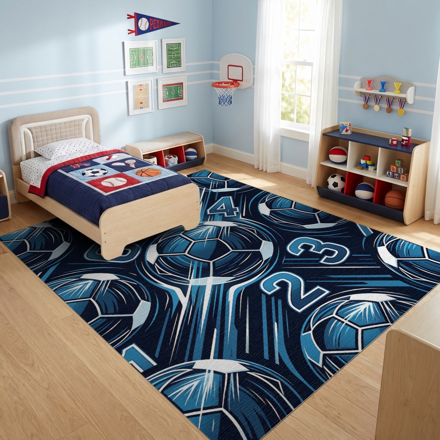 Bold Navy Soccer Balls Numbers Rug