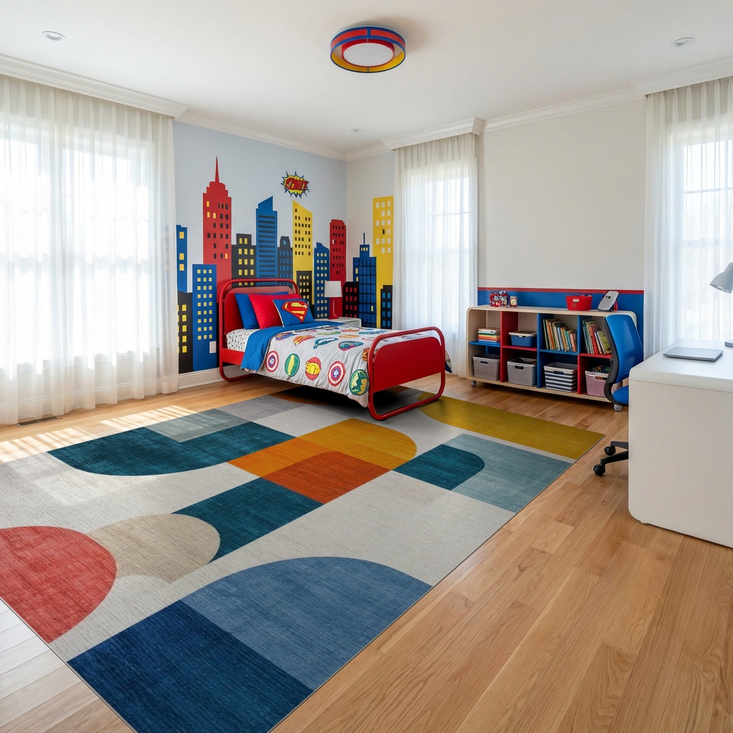 Modern Teal Orange Geometric Abstract Rug