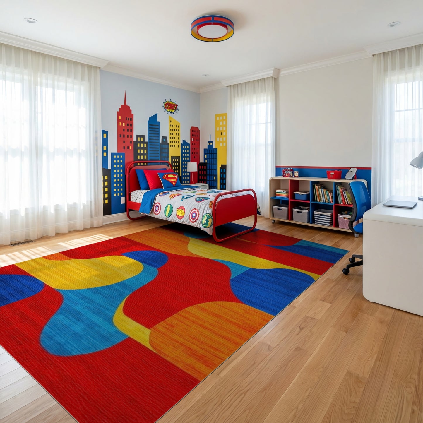 Vibrant Wavy Red Blue Orange Yellow Rug