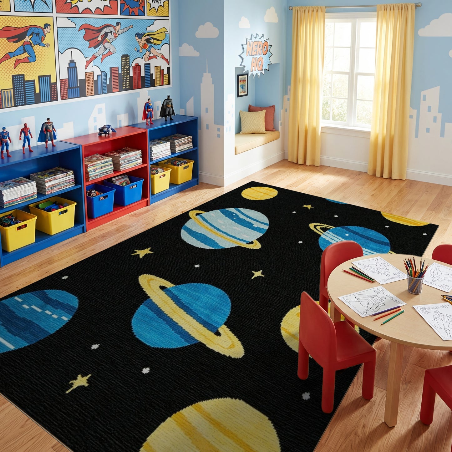 Whimsical Blue Yellow Planets Stars Rug