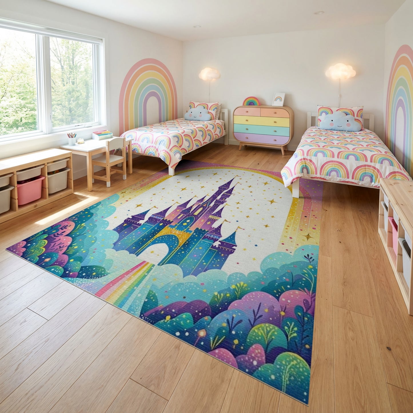 Whimsical Castle Rainbow Stars Rug