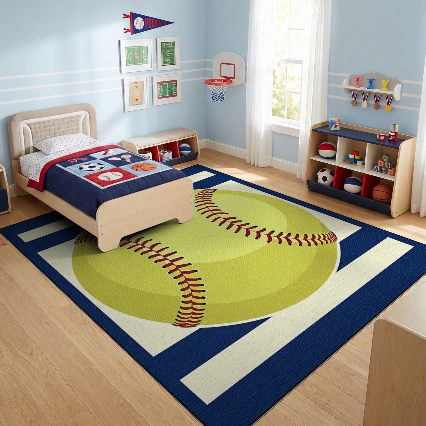 Yellow Softball Navy White Striped Rug