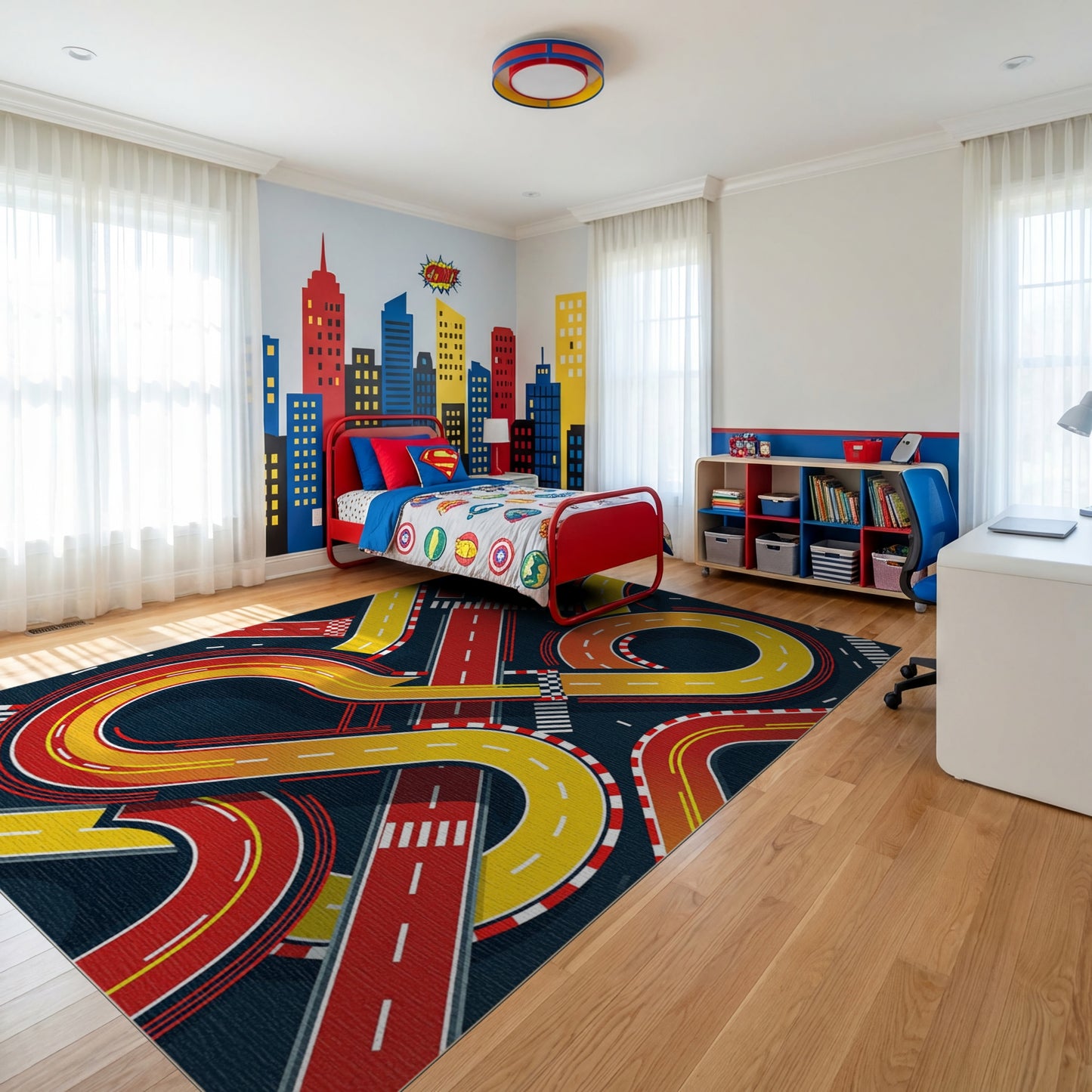 Dynamic Red Yellow Racing Tracks Rug