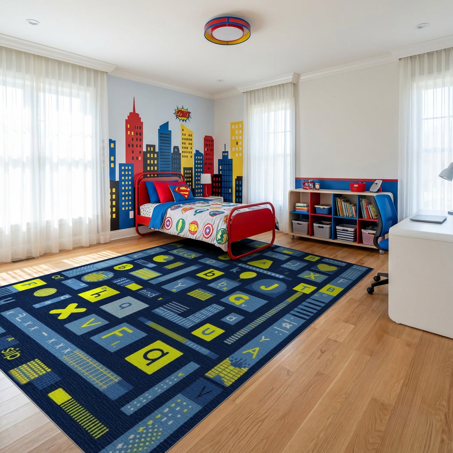 Playful Yellow Blue Alphabet Collage Rug