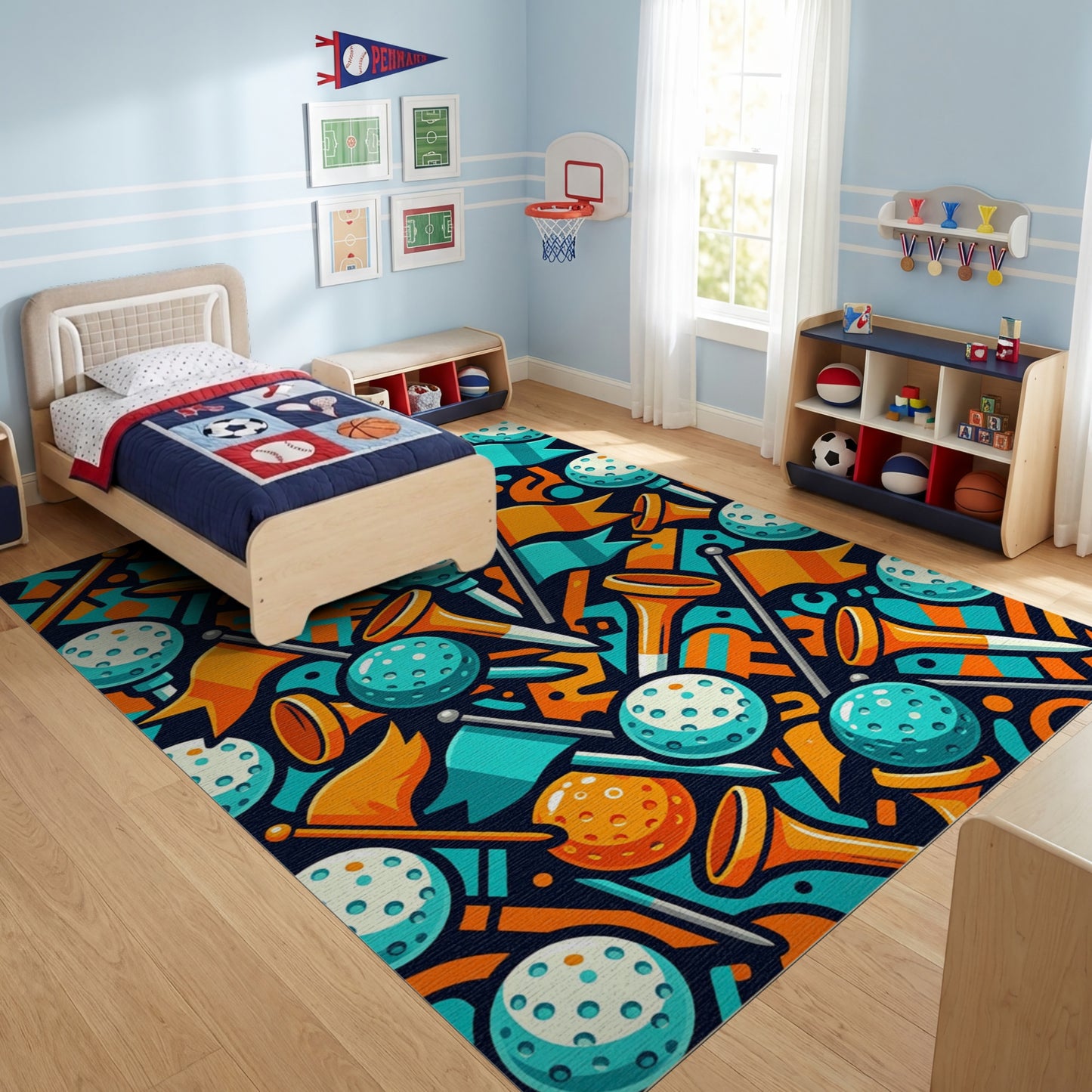 Vibrant Golf Balls Tees Flags Rug