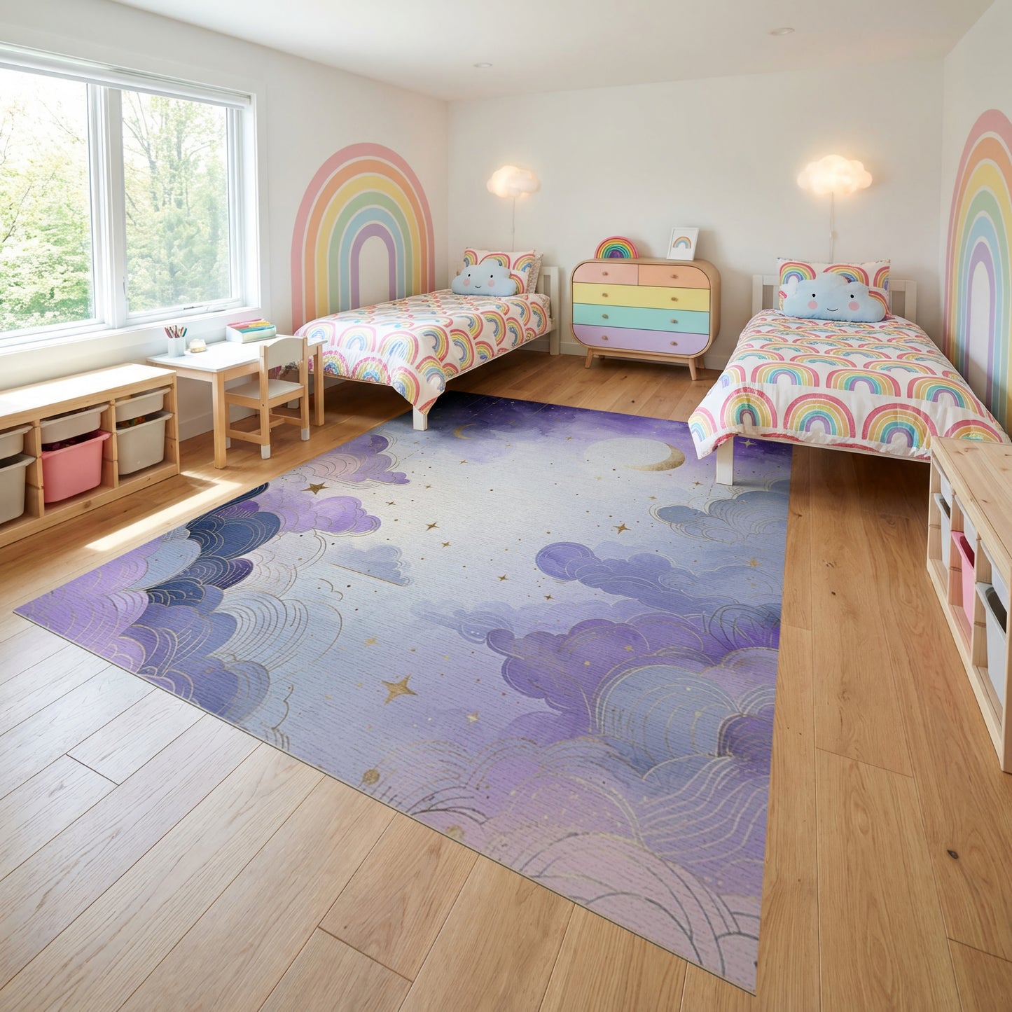 Dreamy Purple Clouds Stars Golden Moons Rug