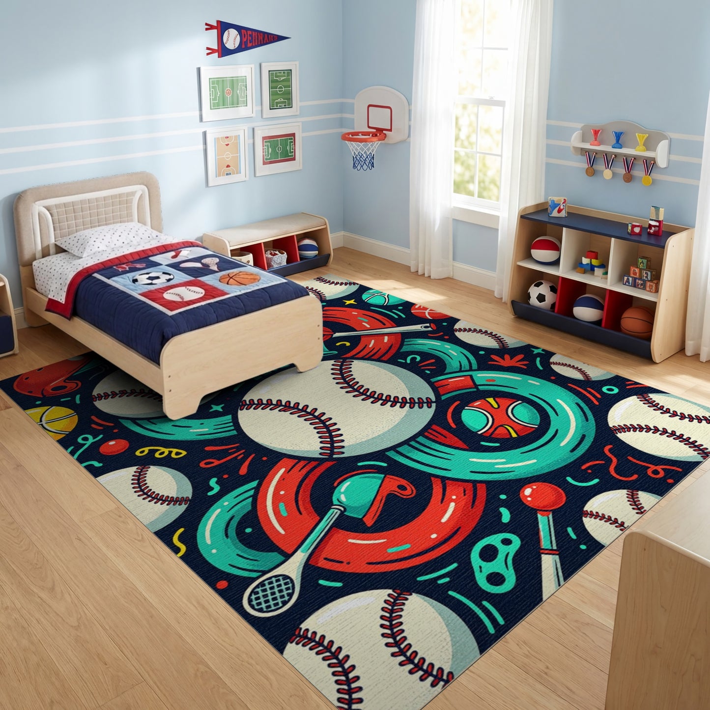 Whimsical Baseball Bats Rings Helmets Rug